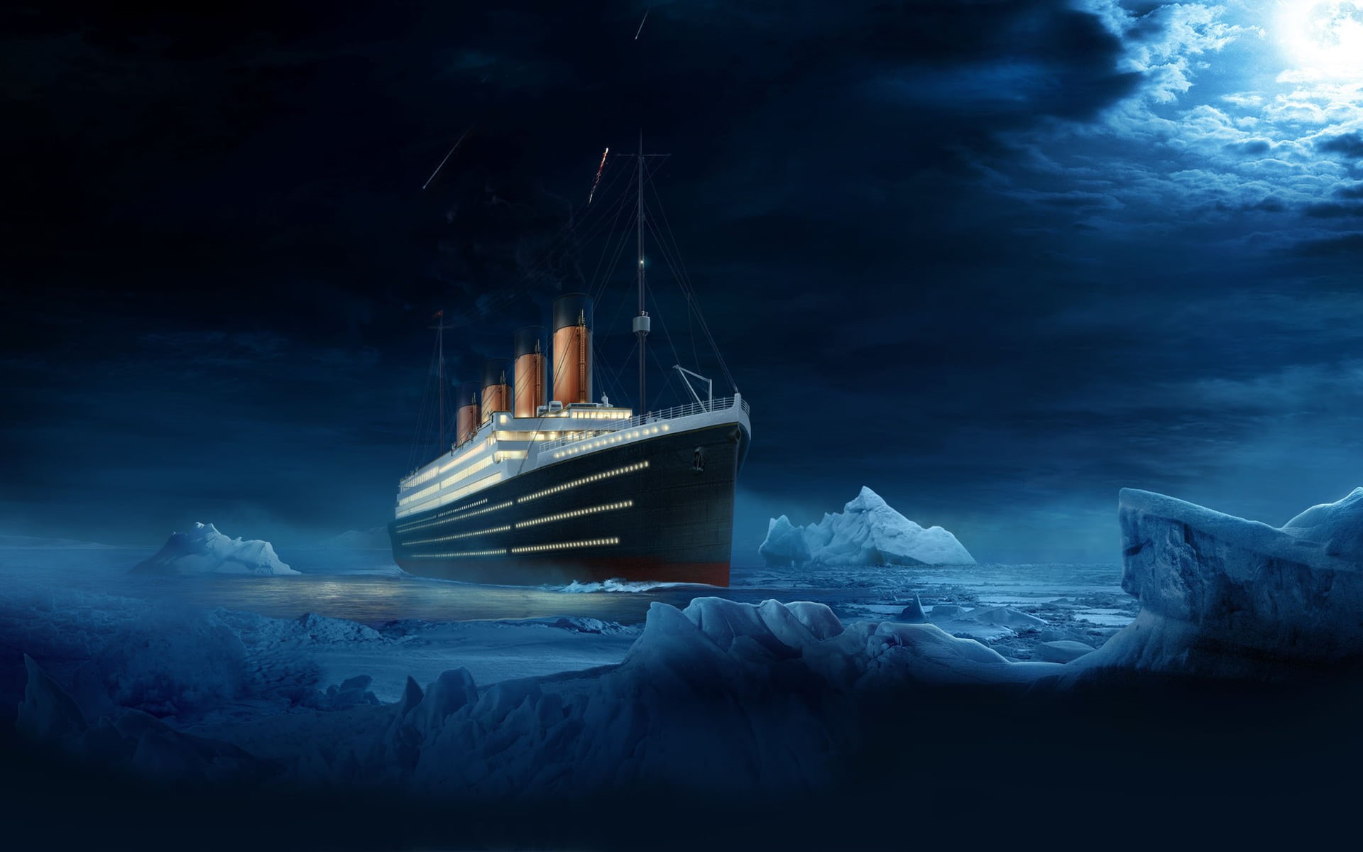 1080P, water, snow, outdoors, digital art, long exposure, cloud - sky, night, nature, ship, iceberg, building exterior, Moon, architecture, gray, skyscraper, HD Wallpaper