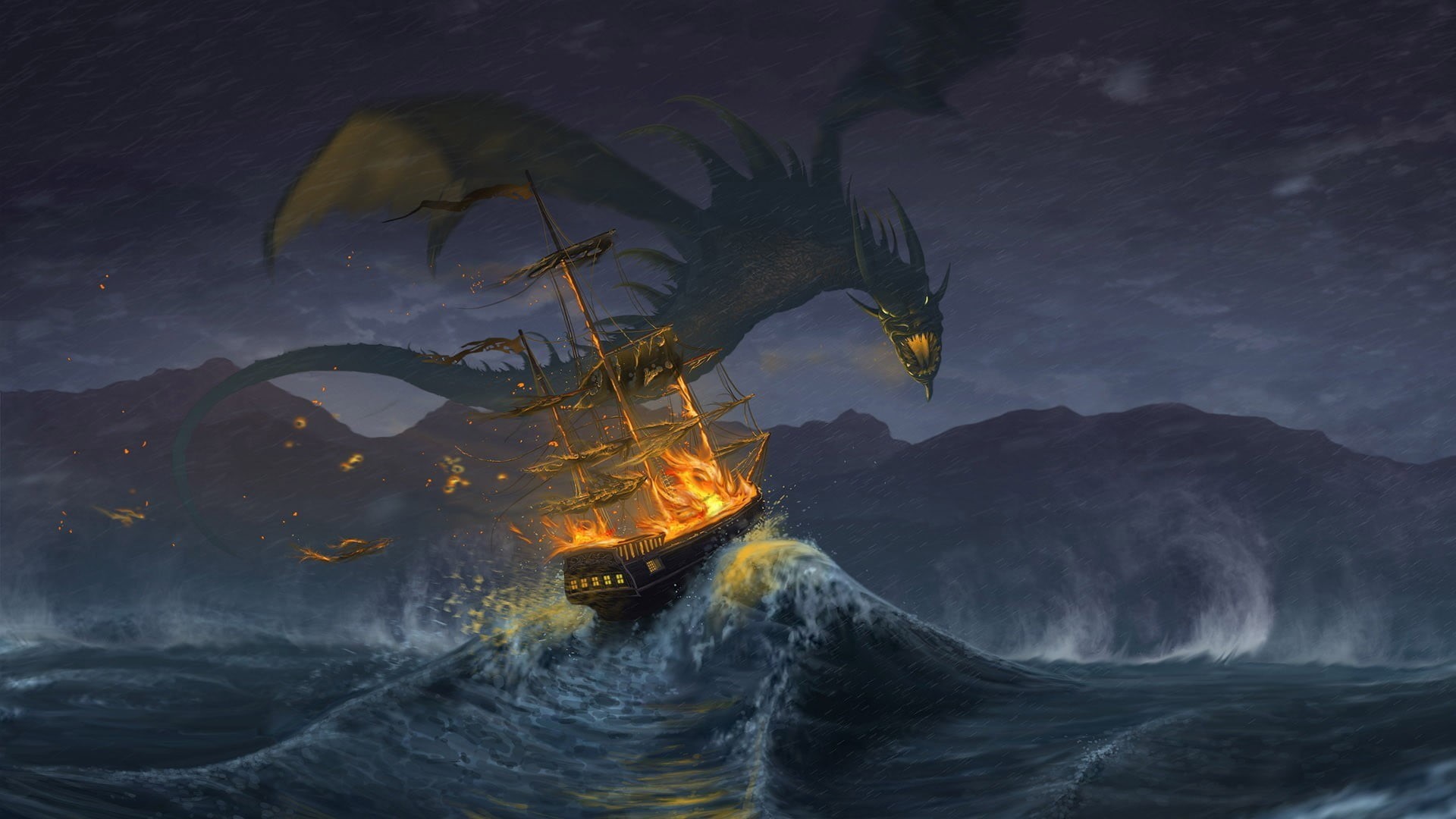 dragon, dusk, motion, galleon, no people, beauty in nature, illustration, burning, night, fire, power in nature, nature, tail, 1080P, animal wildlife, HD Wallpaper