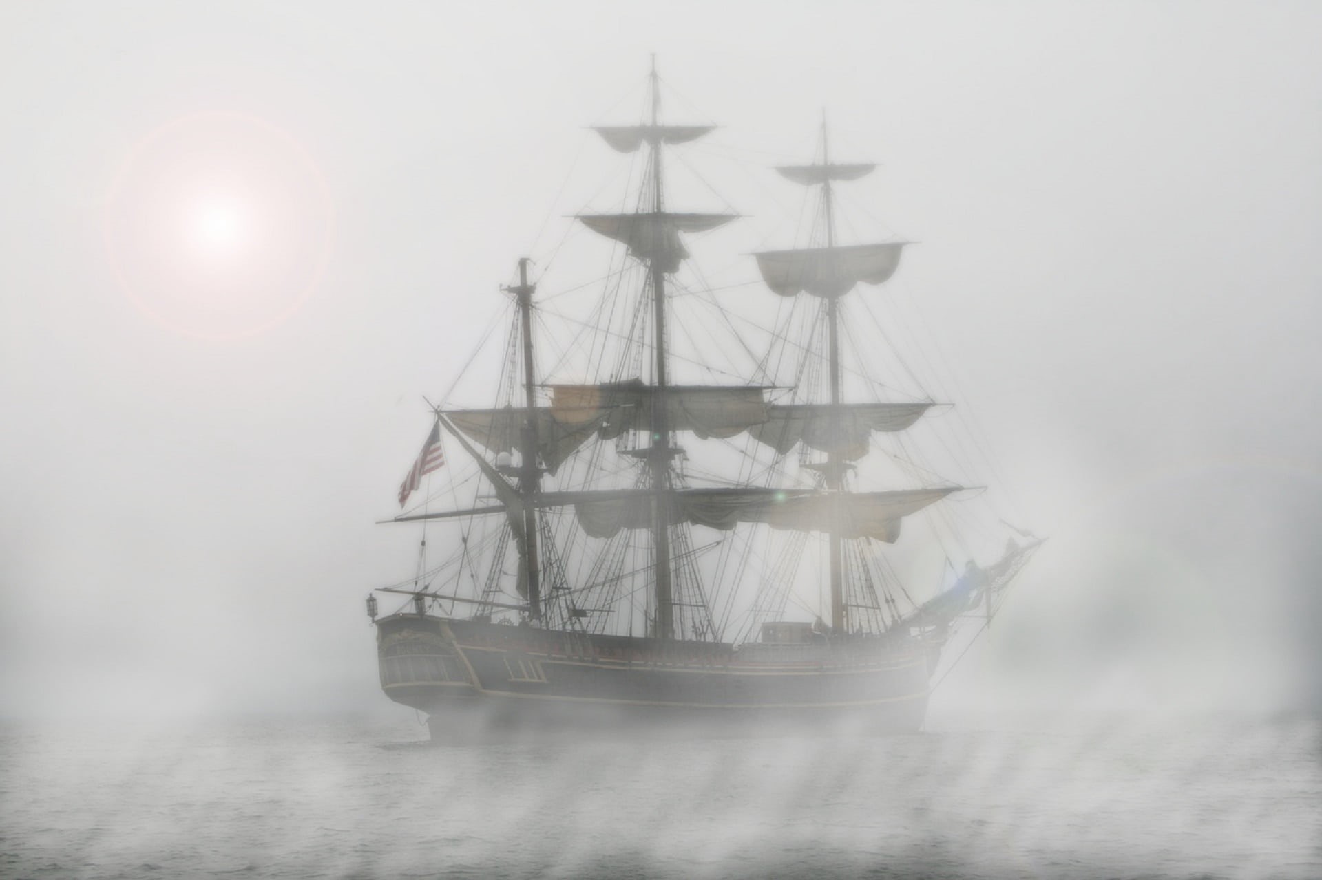 explorer, transportation, passenger craft, journey, luxury, mist, vintage, sailboat, flag, no people, fog, tall ship, travel, cloud, adventure, 1080P, HD Wallpaper