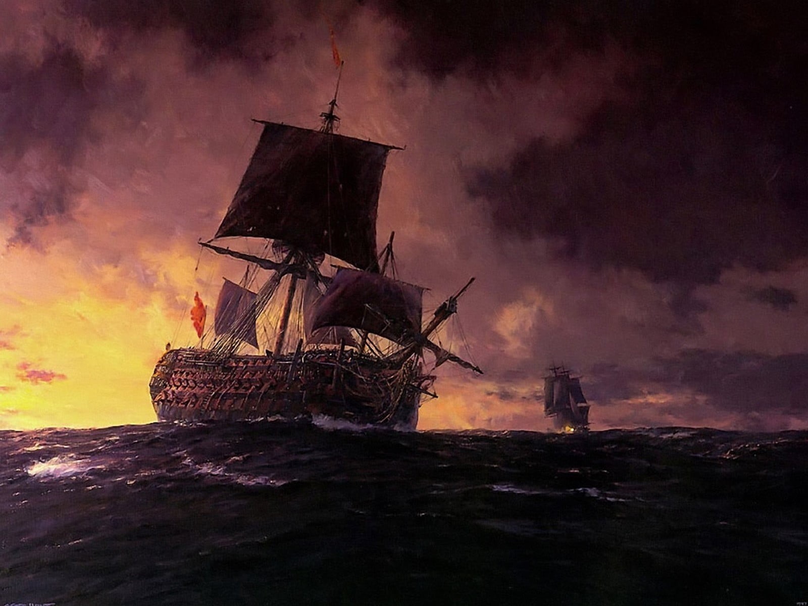 mode of transportation, shipwreck, sky, architecture, silhouette, nature, sunset, 720P, wood - material, cloud - sky, artwork, sailing, ship, no people, HD Wallpaper