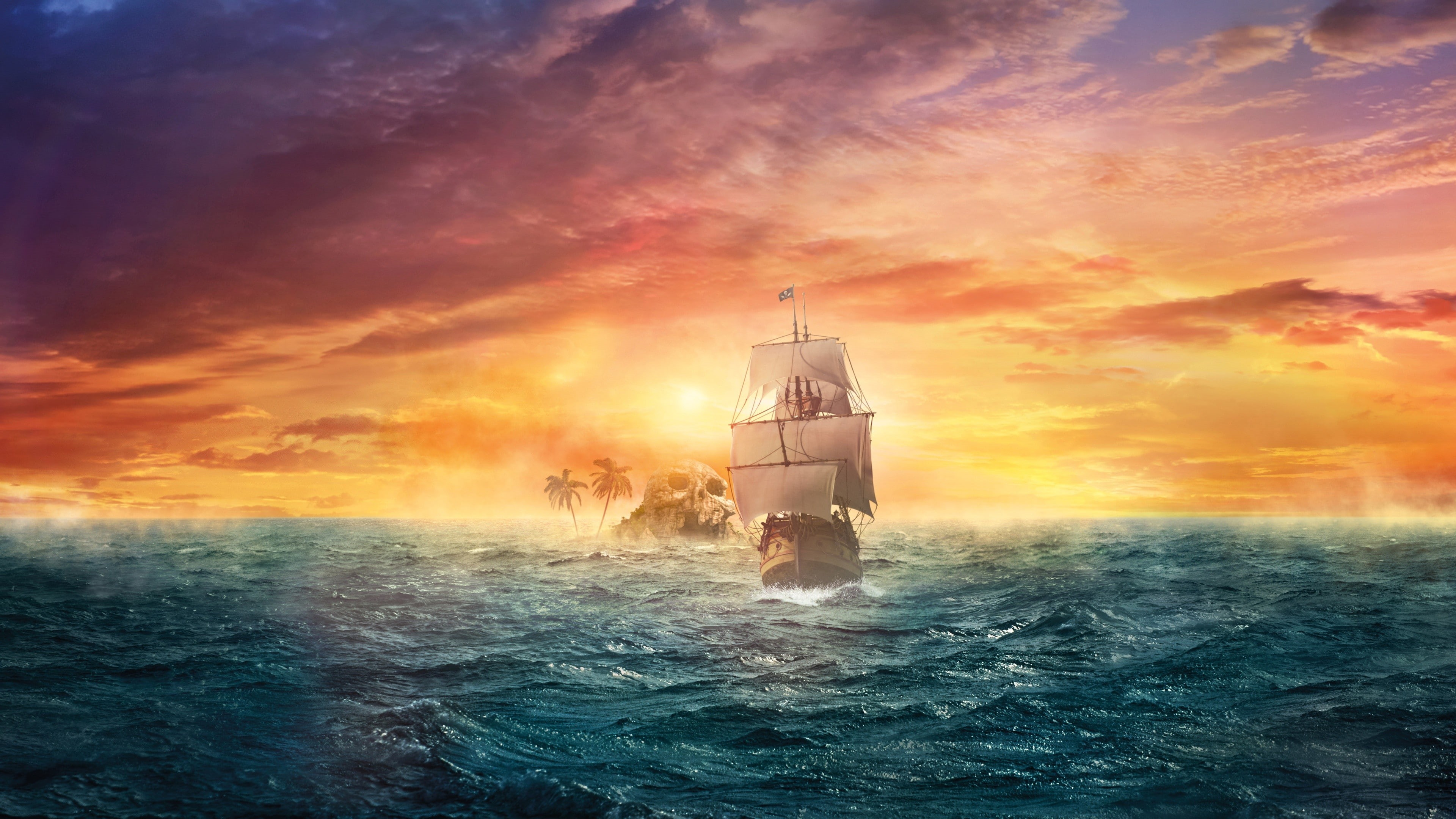 sailing ship, artwork, skull, digital art, sunset, palm trees, clouds, fantasy art, island, 4K, waves, sea, Peter Pan, pirates, HD Wallpaper