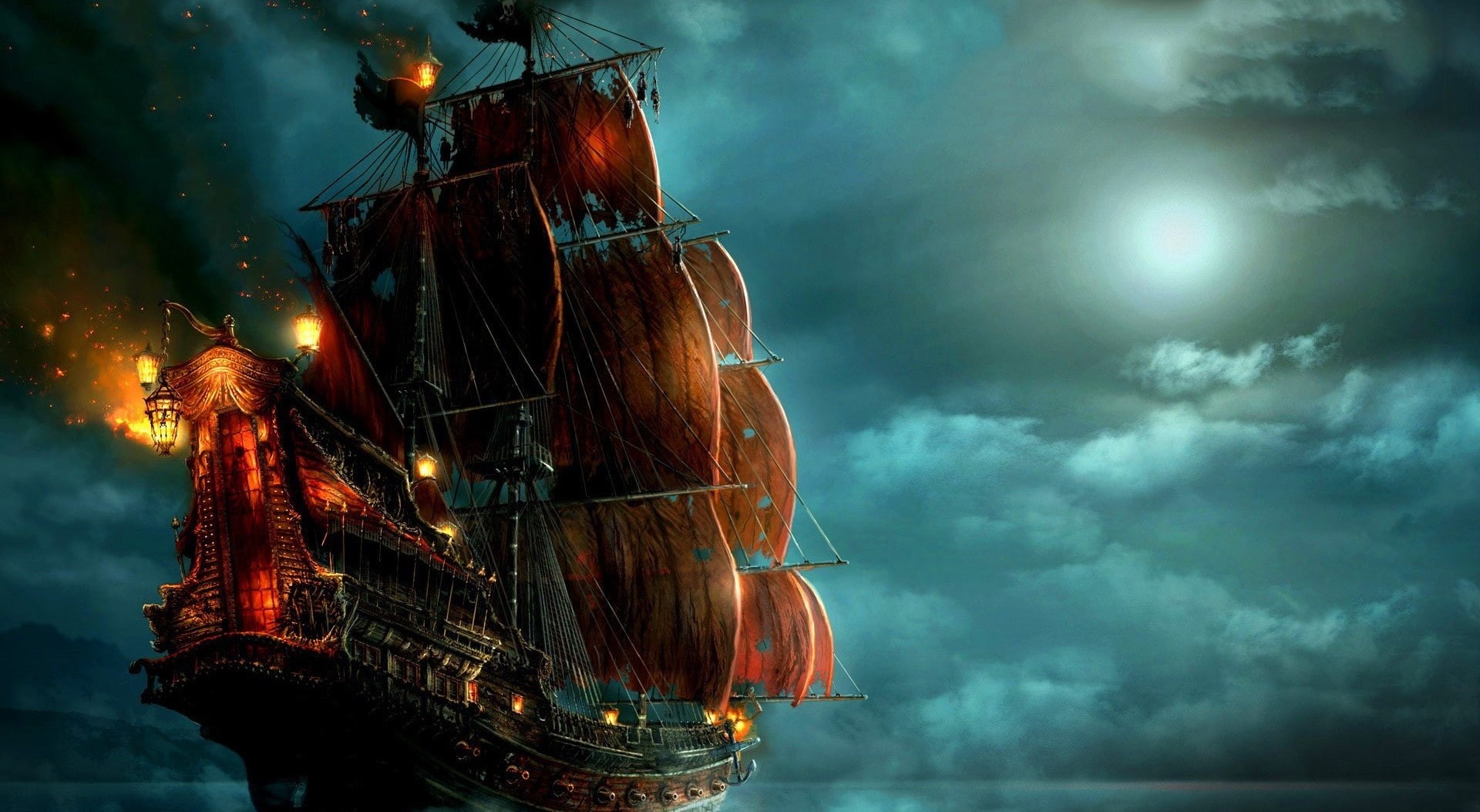 water, pearl, ship, cloud - sky, sailing, Digital, Beautiful, rain, low angle view, 1080P, Sailing Ship, Painting, sky, nautical vessel, sailboat, HD Wallpaper