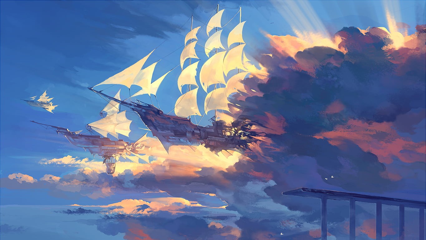 illustration, nature, computer Graphic, dusk, beige, outdoors, sky, boat, motion, fantasy, fantasy art, sun rays, black, beauty in nature, low angle view, HD Wallpaper