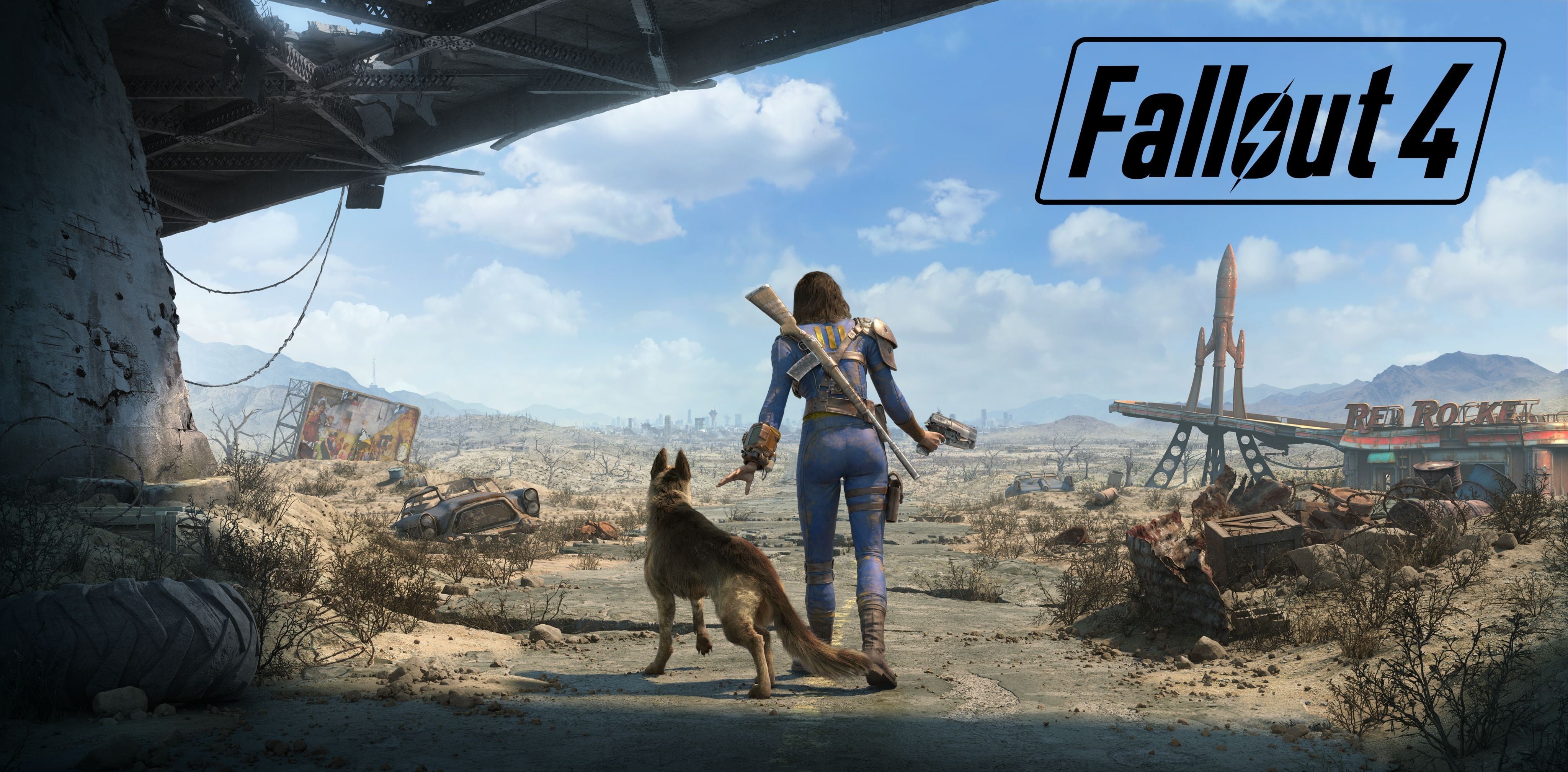 German Shepherd, dog, one animal, architecture, Fallout 4, 4K, real people, pets, mammal, women, Fallout, digital, leisure activity, outdoors, HD Wallpaper