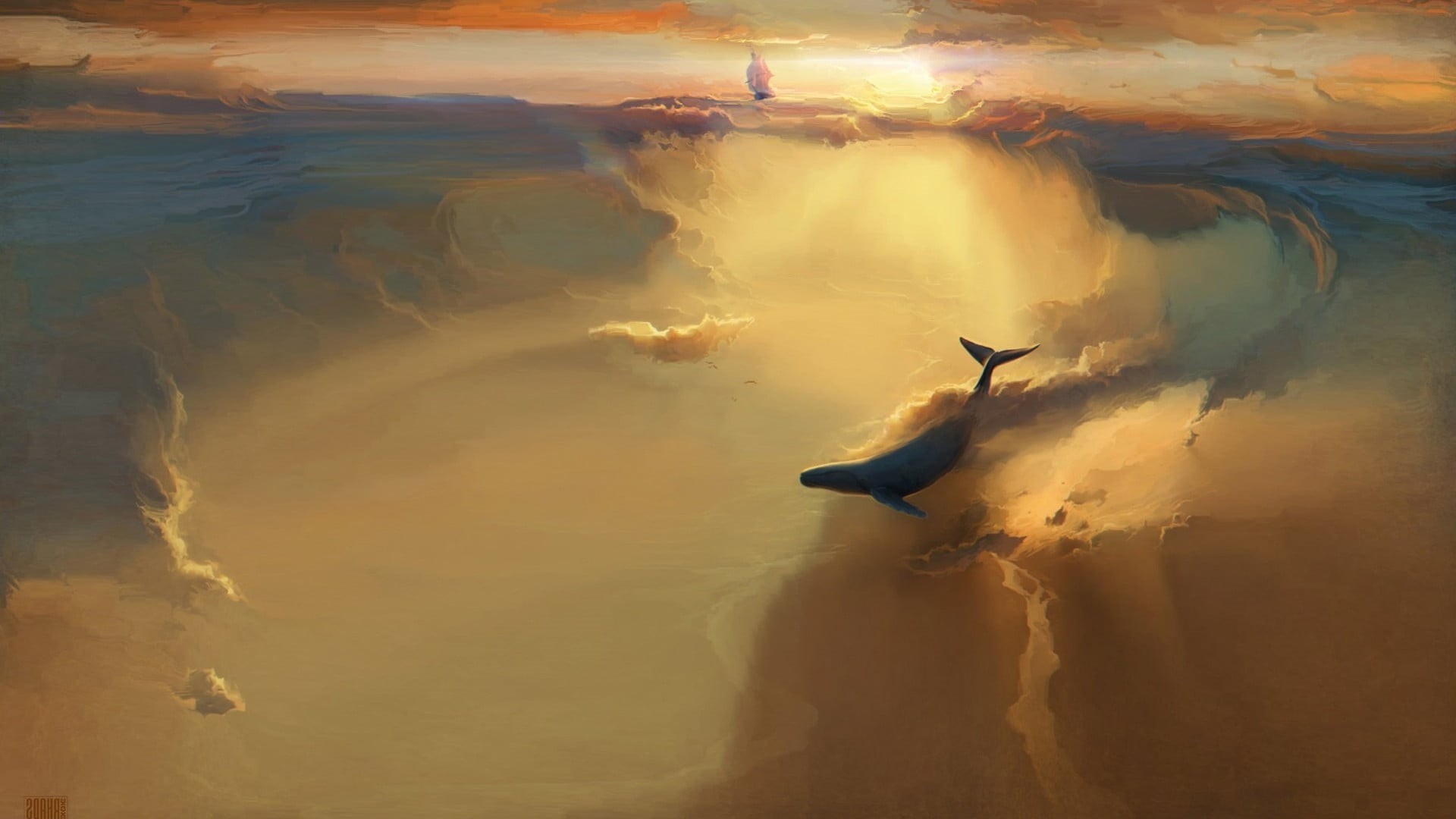 nature, outdoors, silhouette, tranquility, clouds, sea, motion, flying, waterfront, fantasy art, beauty in nature, animals in the wild, sky, water, illustration, HD Wallpaper