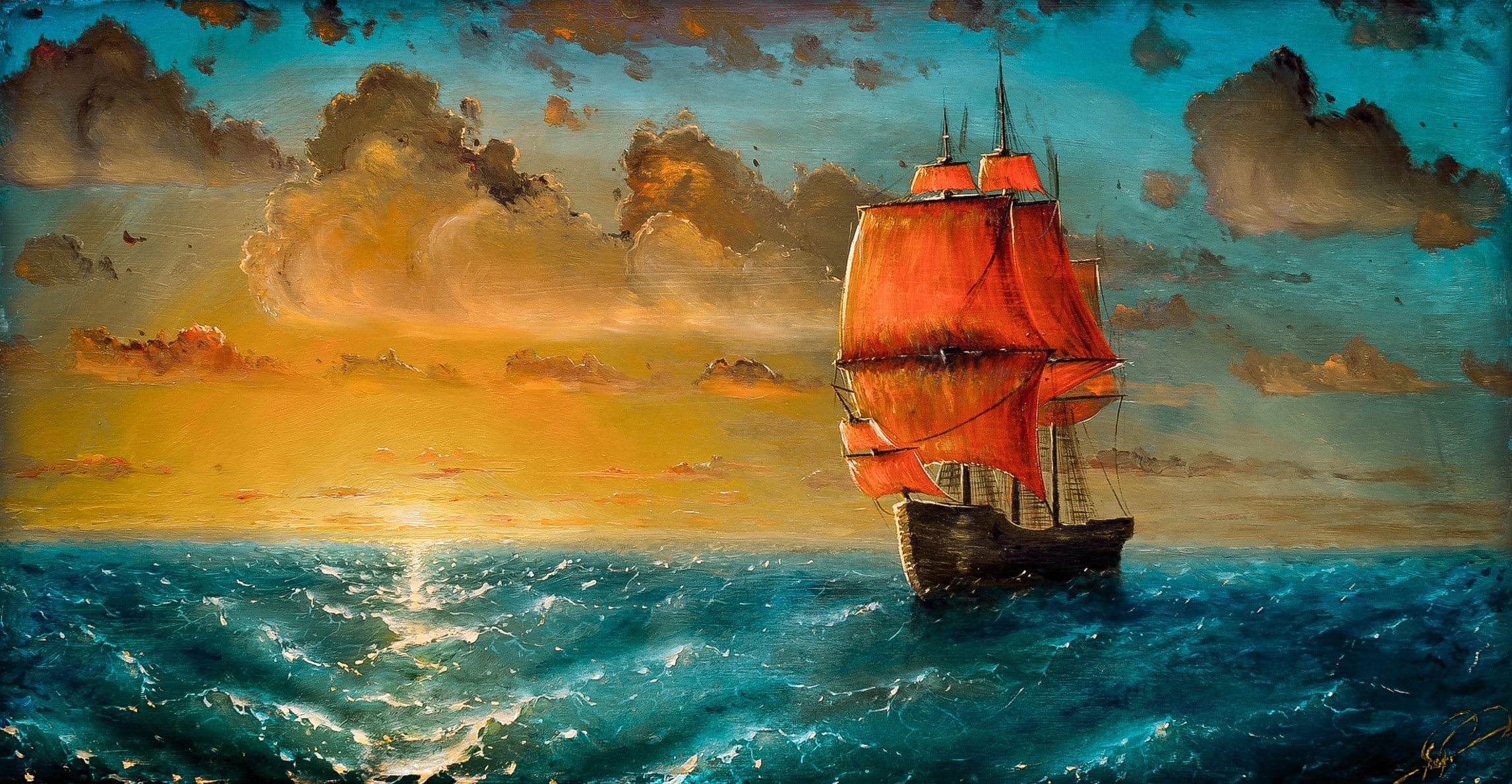 2293x1190, sea, ship, sailing, 1080P, artwork, sailing ship, HD Wallpaper