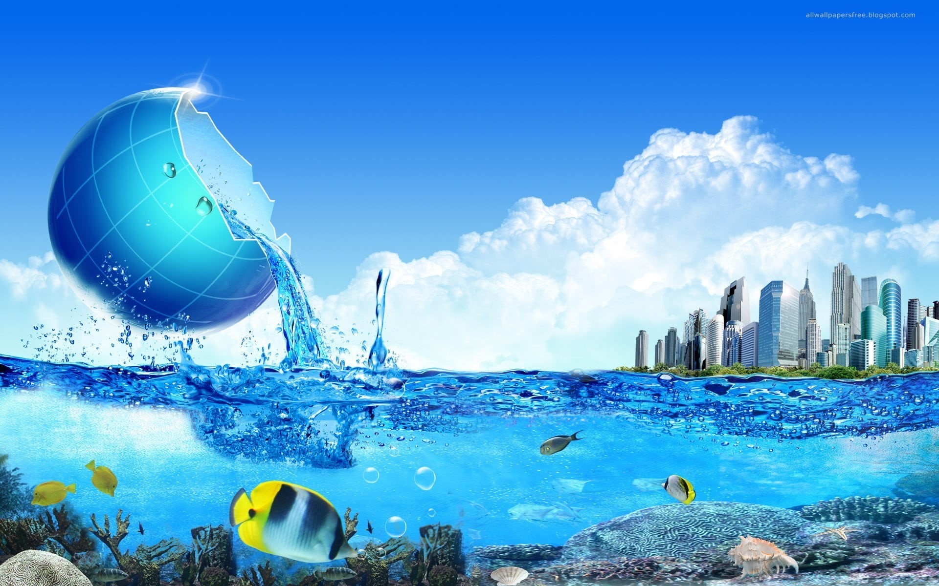 fishes, globes, building exterior, digital, outdoors, digital composite, pool, city, swimming pool, architecture, water, digital art, sky, underwater, artwork, HD Wallpaper