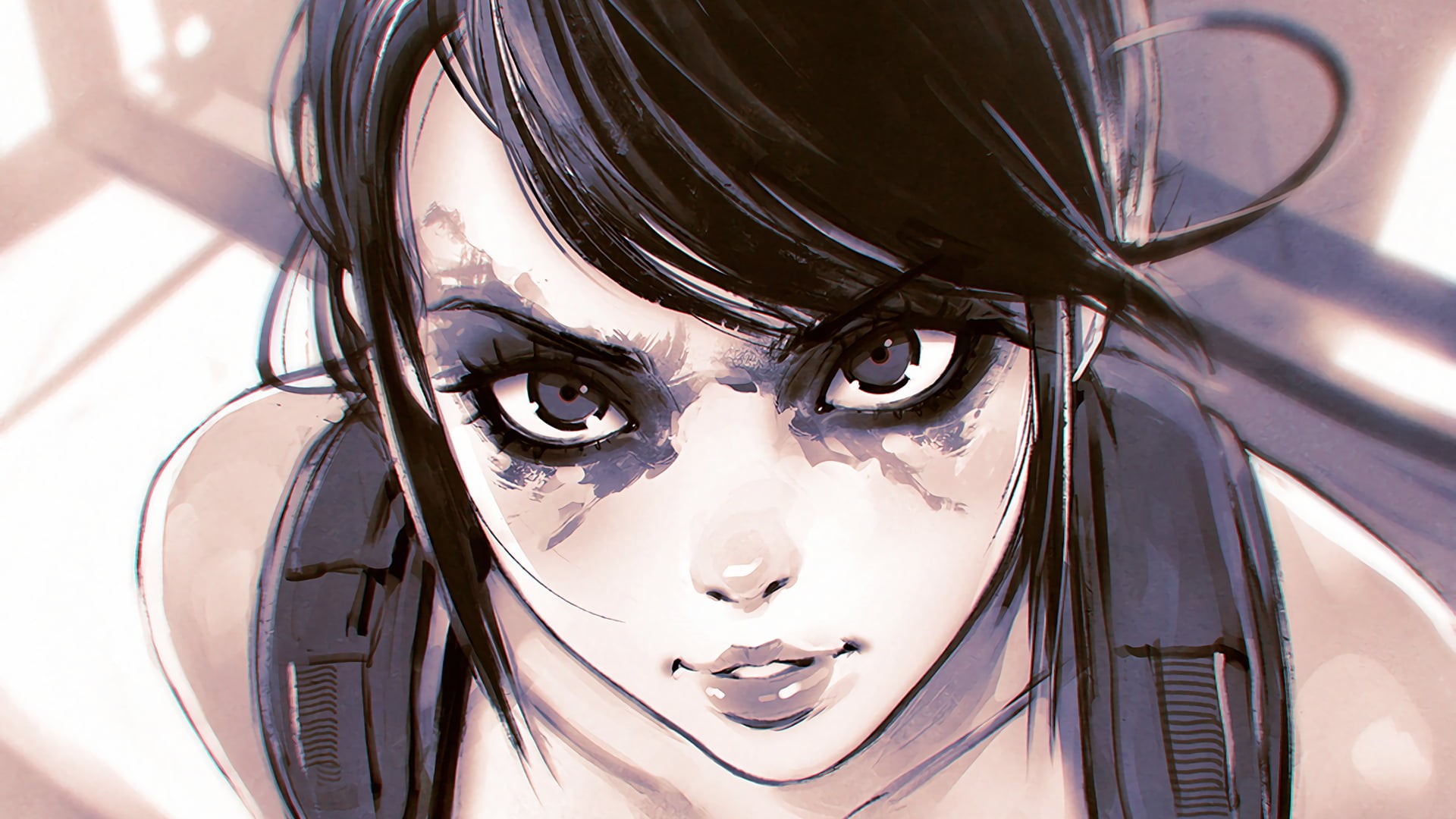 young Women, lifestyles, people, illustration, human Face, solid, beauty, gray eyes, headshot, close-up, gear, anime girls, body part, young Adult, black, HD Wallpaper
