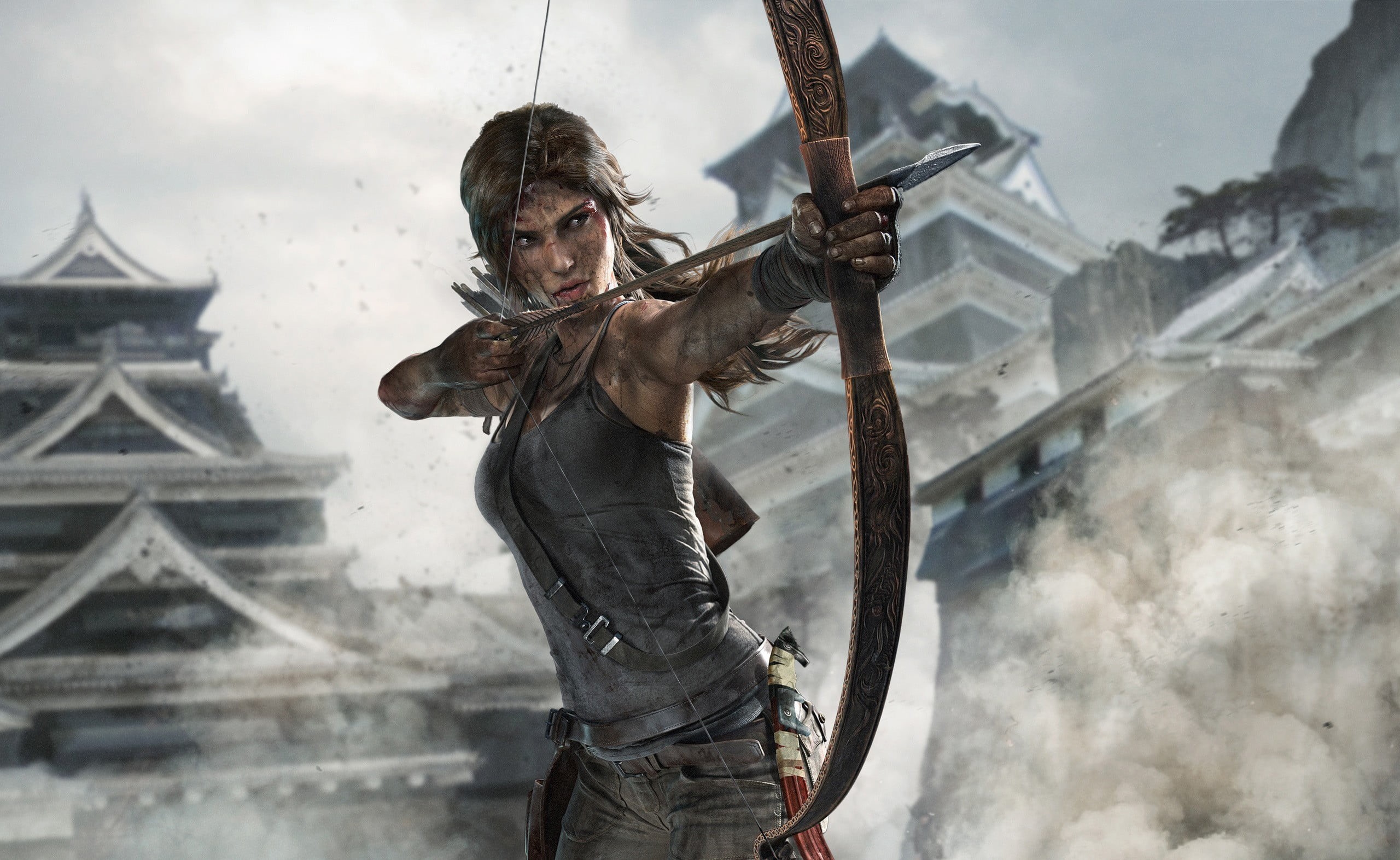 sky, built structure, lara, history, tomb, croft, Lara Croft, strength, one person, 2K, warrior - person, cloud - sky, young adult, women, sport, weapon, HD Wallpaper