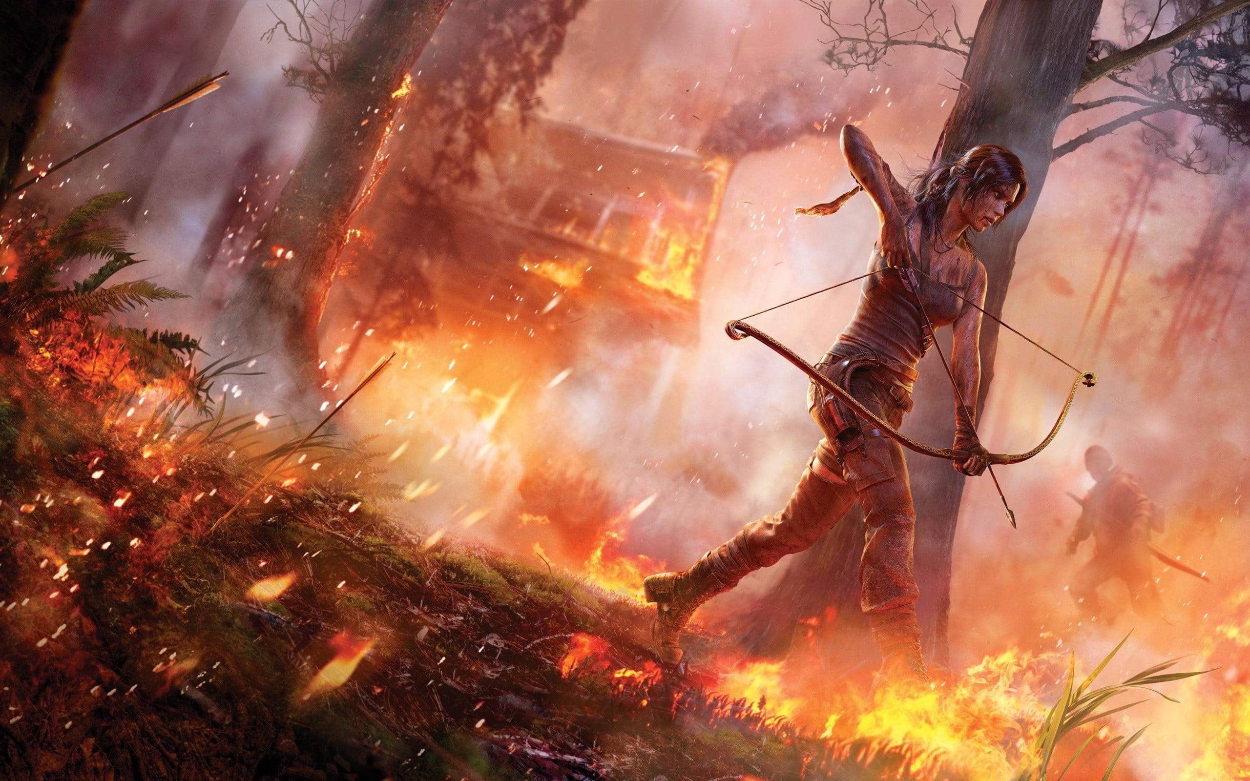 outdoors, fire - natural phenomenon, raider, croft, tree trunk, video games, no people, motion, 2K, selective focus, plant, fire, Lara Croft, HD Wallpaper