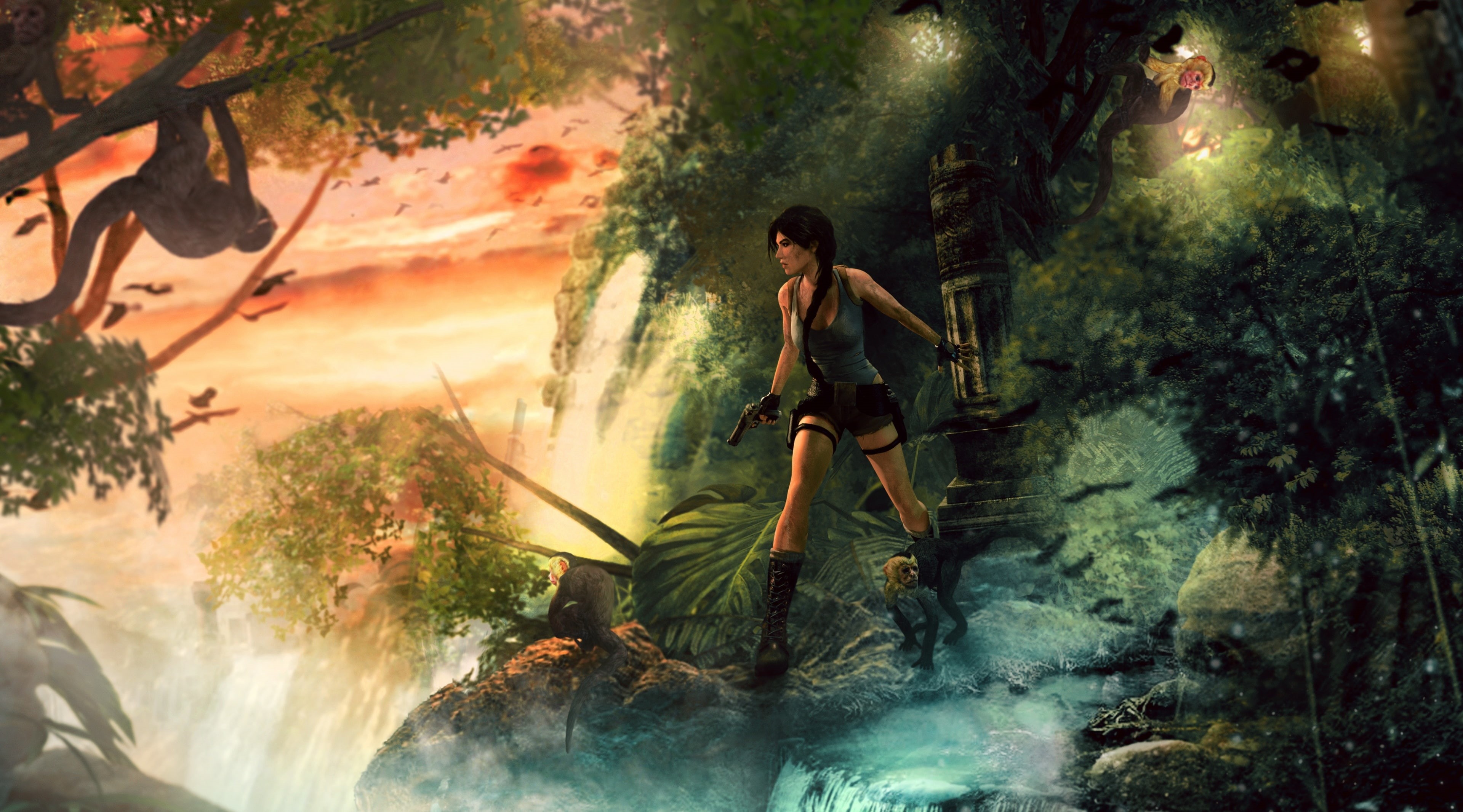 water, Action, LaraCroft, women, forest, real people, adult, Monkeys, TombRaider, tree, nature, lifestyles, Tomb Raider, Lara, beauty in nature, HD Wallpaper