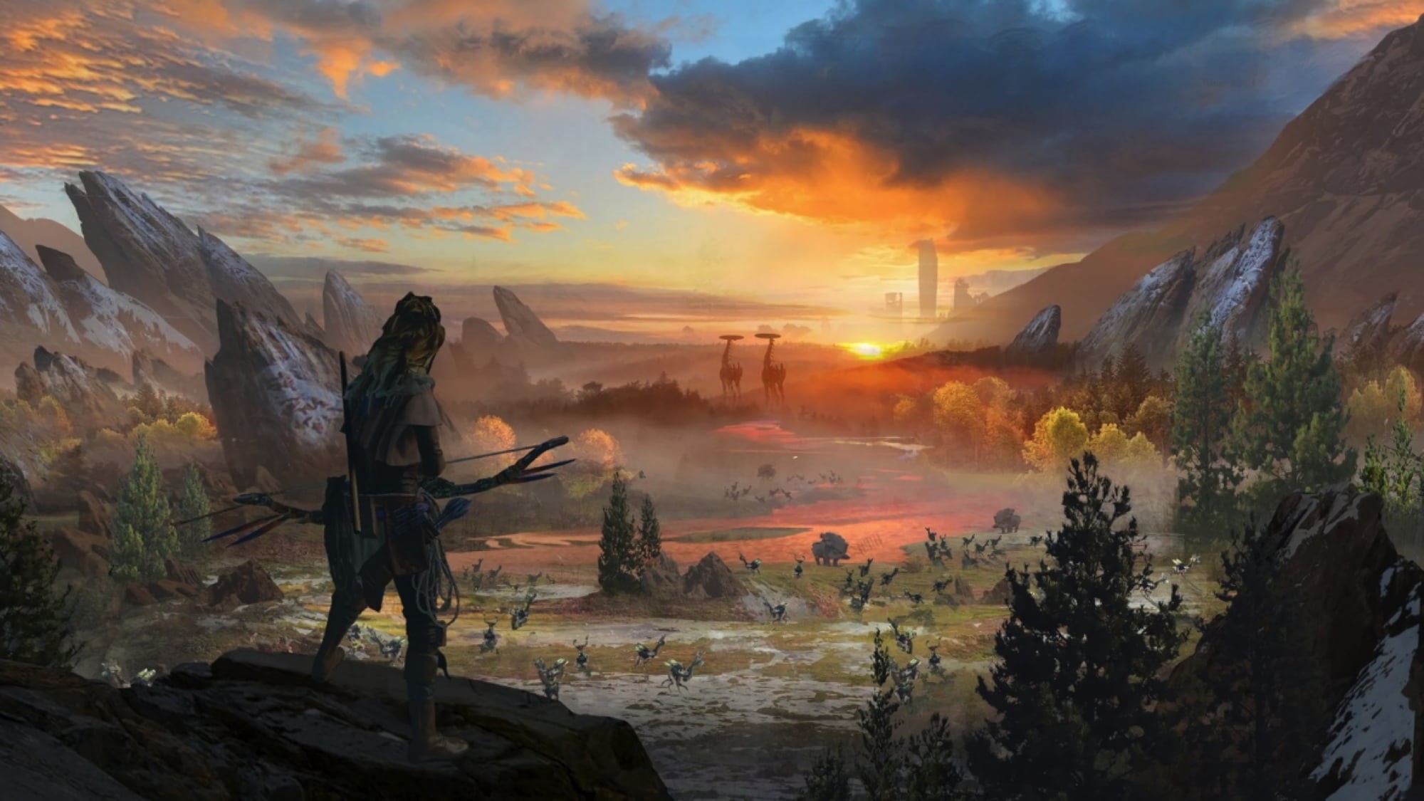 rock - object, sunset, video games, nature, plant, landscape, tree, outdoors, non-urban scene, game, video, idyllic, sky, Horizon: Zero Dawn, real people, HD Wallpaper