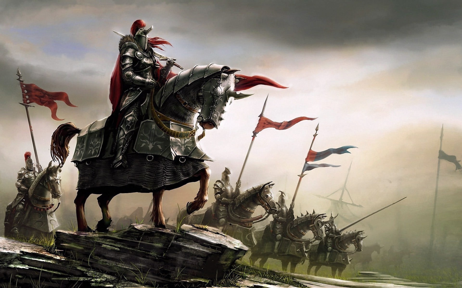 fantasy art, creativity, game, sculpture, statue, flag, livestock, horse, nature, knights, representation, medieval, sky, domestic, male likeness, HD Wallpaper