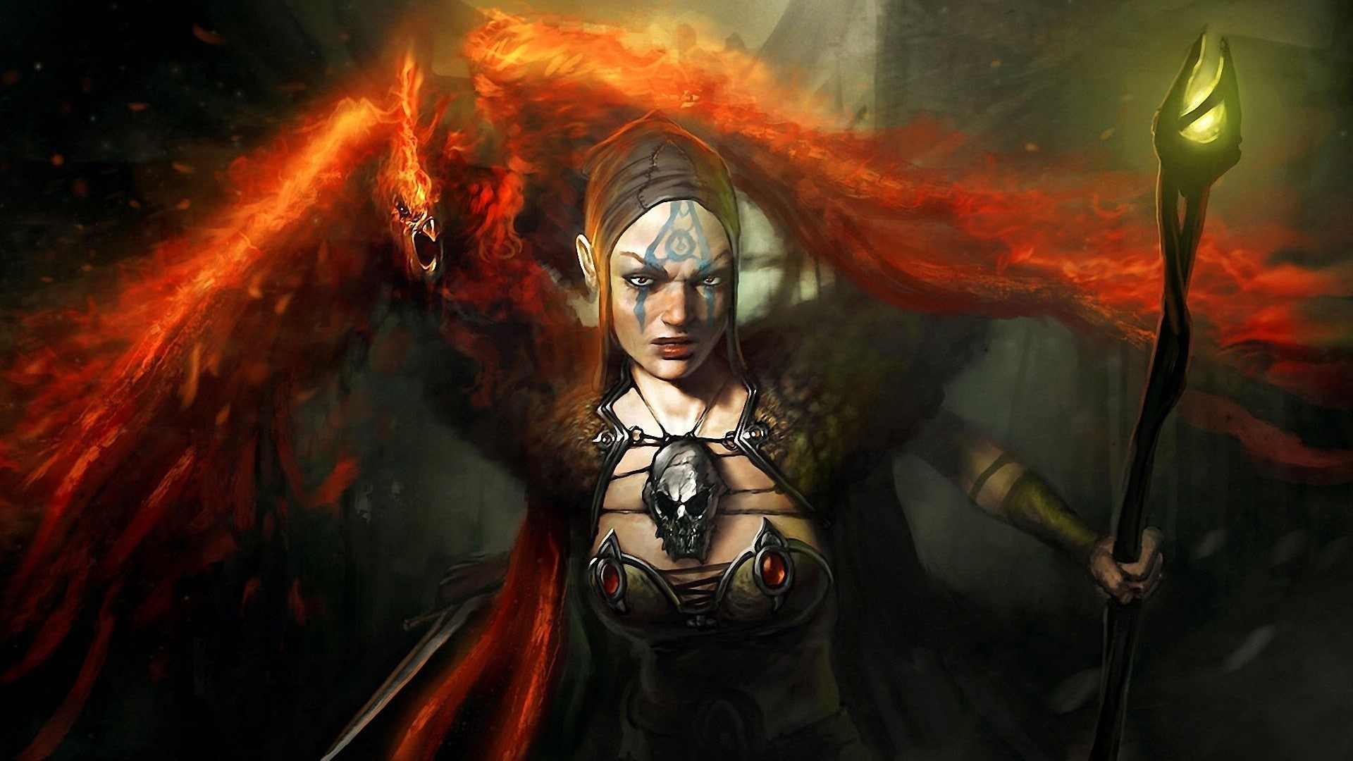 fantasy art, skull, women, 1080P, artwork, weapon, fantasy, light, art, monster, HD Wallpaper