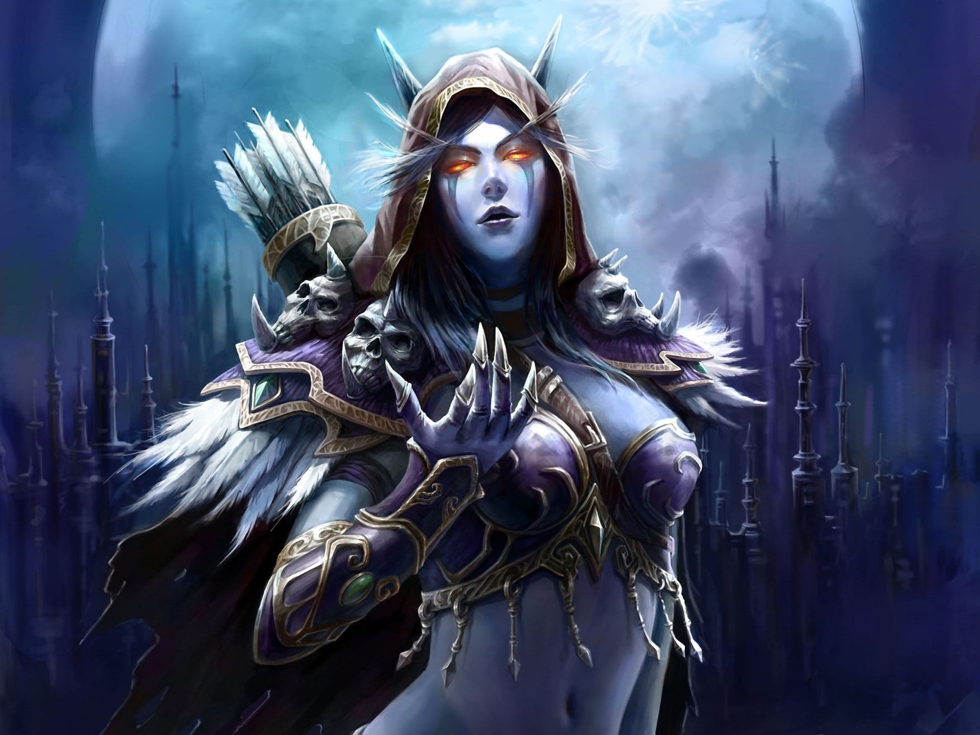 sylvanas, warcraft, video, x, moon, Skulls, artwork, world, hd, dark, games, elf, 1080P, windrunner, art, arrows, Video Games, armor, HD Wallpaper