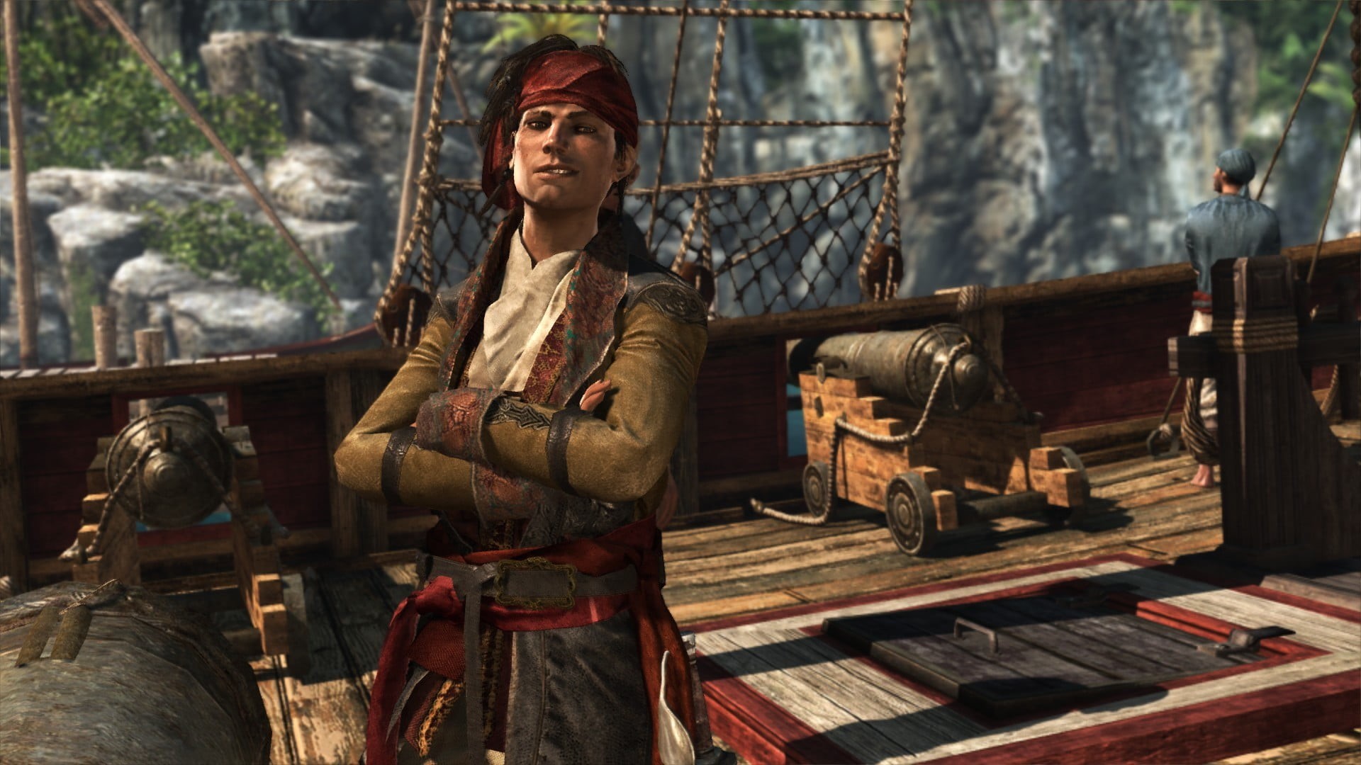 three quarter length, Assassins Creed, assassin, flag, nature, portrait, digital, 1080P, wood - material, casual clothing, traditional clothing, young adult, HD Wallpaper