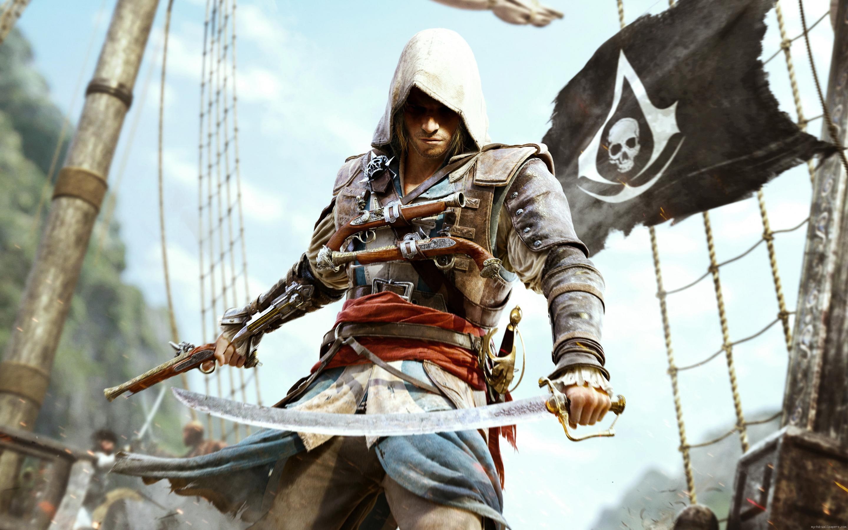 black, male, game, assassin, character, flag, 2K, creed, pirate, war, s, HD Wallpaper