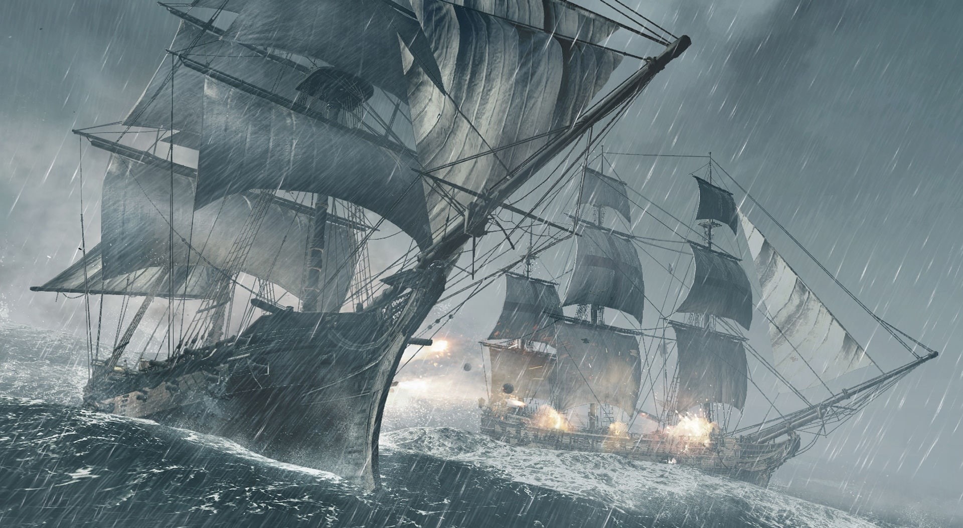 gray, sailboats, motion, nature, two, Games, snowing, no people, creed, power in nature, sky, iv, Ships, outdoors, 1080P, Assassins Creed, fog, HD Wallpaper