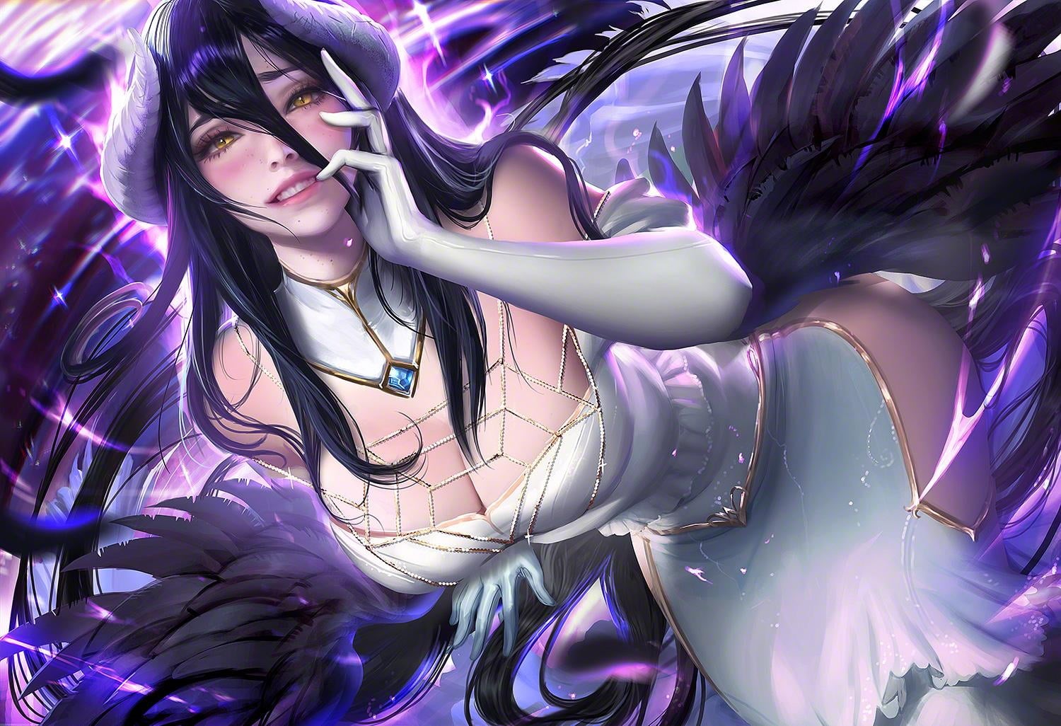close-up, 720P, full frame, portrait, abstract, futuristic, women, technology, violet, glasses, night, Black wings, Sakimichan, purple, Albedo (OverLord), HD Wallpaper