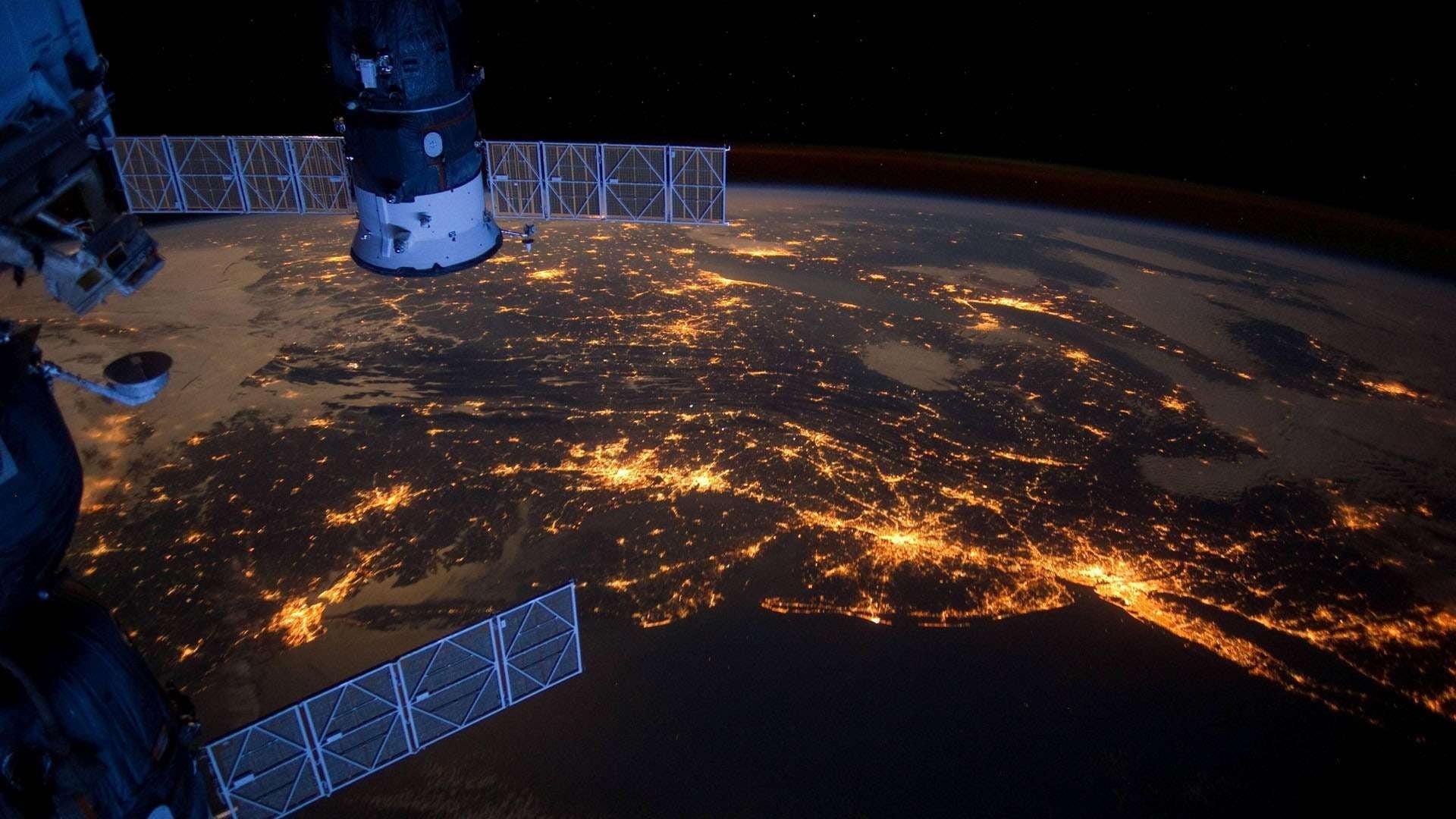 white, building, sky, no people, high angle view, satellite, metal, environment, outdoors, continents, built structure, universe, Earth, night, glowing, HD Wallpaper