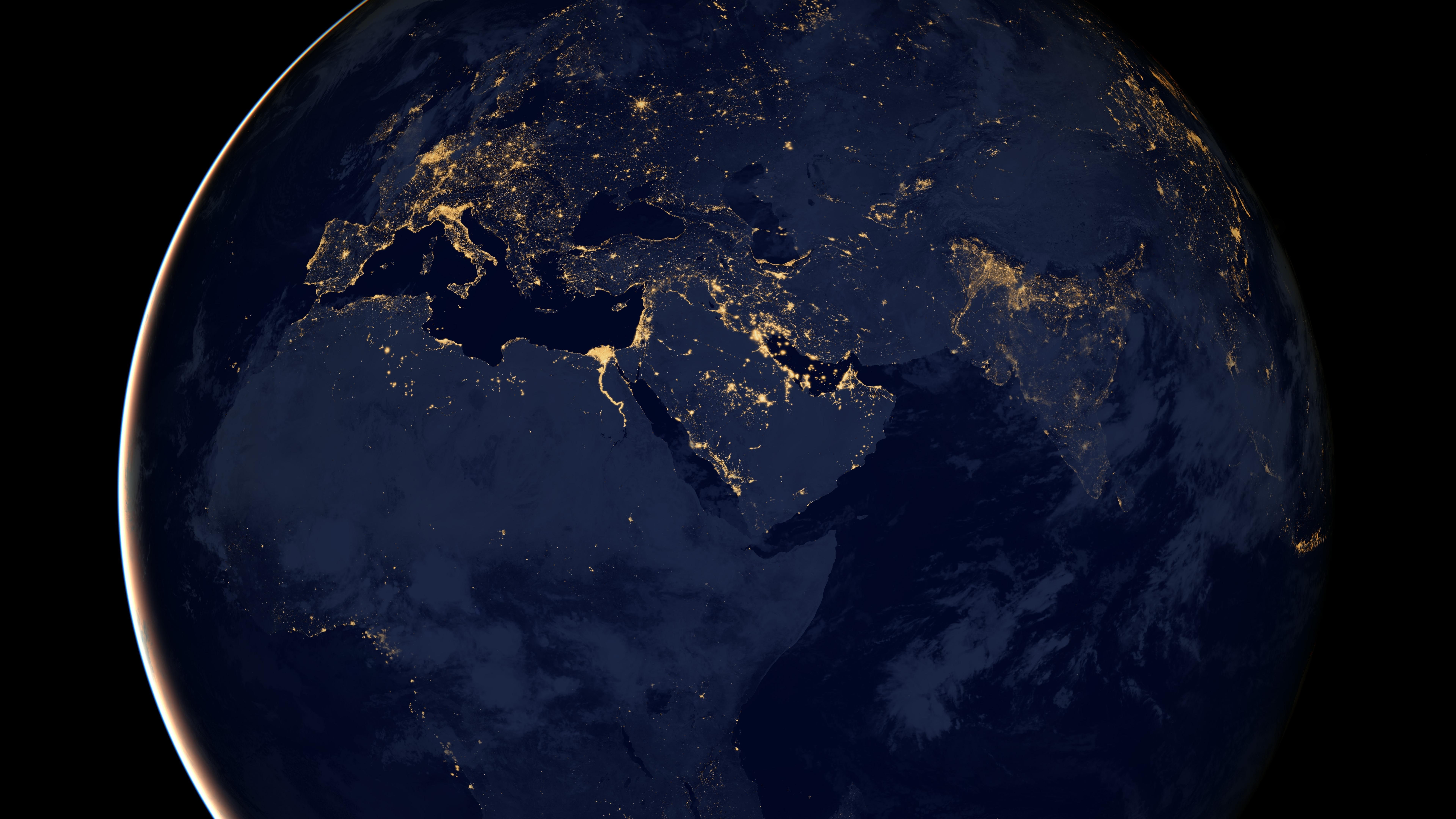 blue marble, science, continent, africa, light, nightlight, 8k, night, europe, observatory, earth, satellite, world, 8K, ocean, middle east, globe, nasa, HD Wallpaper