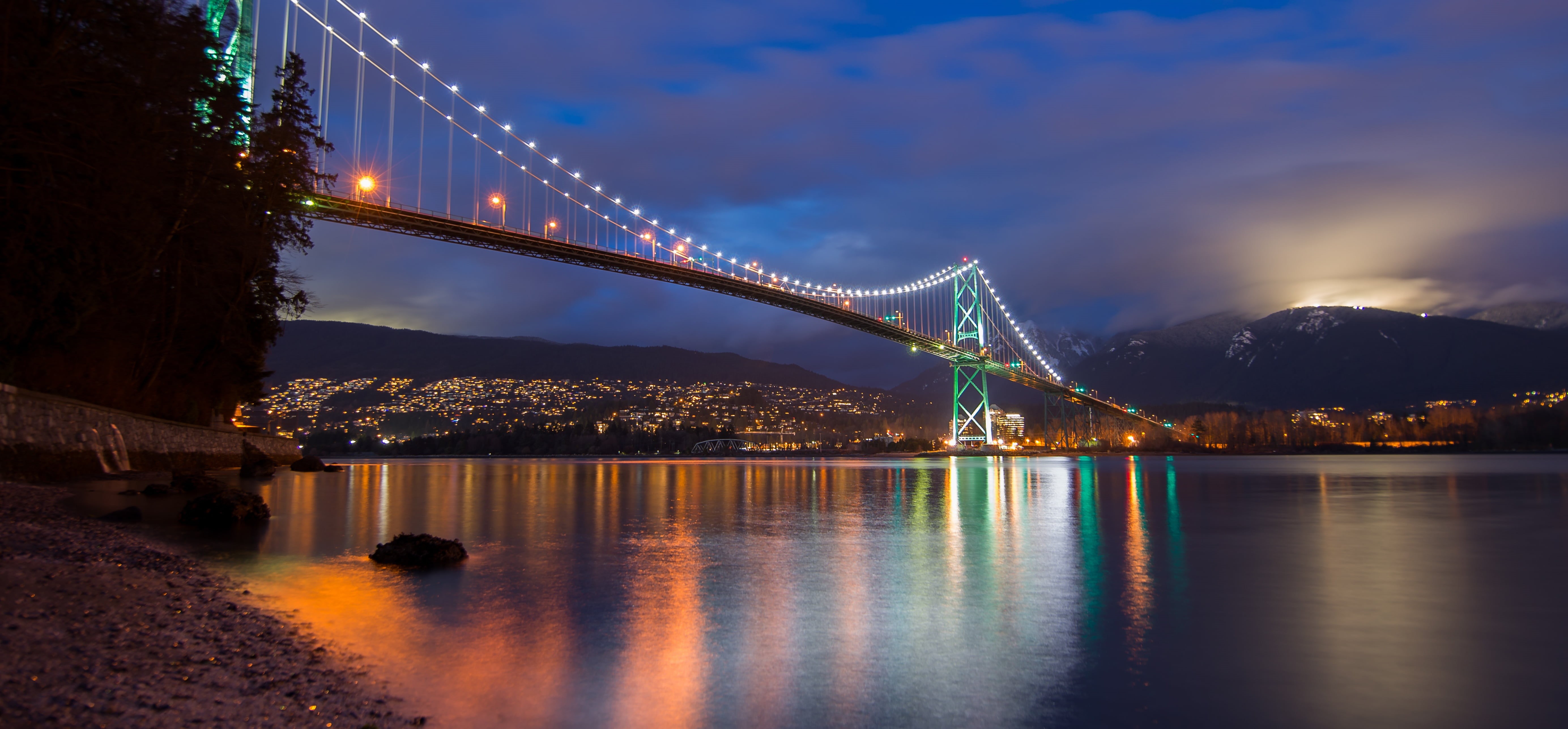lights, street, steel, mountain, destinations, ocean, river, lighted, tourism, inlet, traffic, cloud - sky, architecture, scene, suspension bridge, buildings, HD Wallpaper