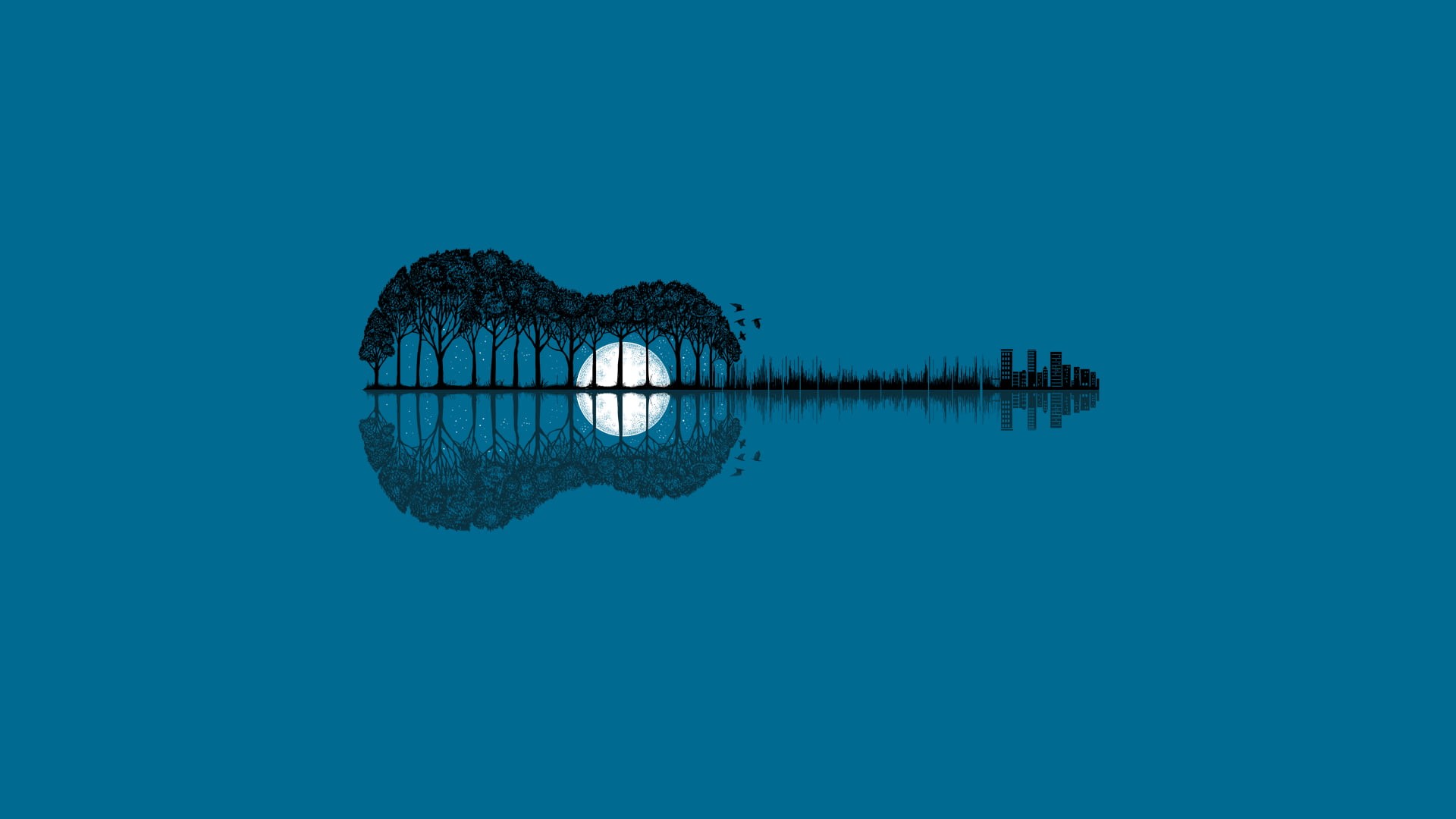 nature, black, copy space, backgrounds, day, blue, reflection, guitar, sky, building, art, water, 1080P, blue background, one animal, symmetry, lake, no people, HD Wallpaper