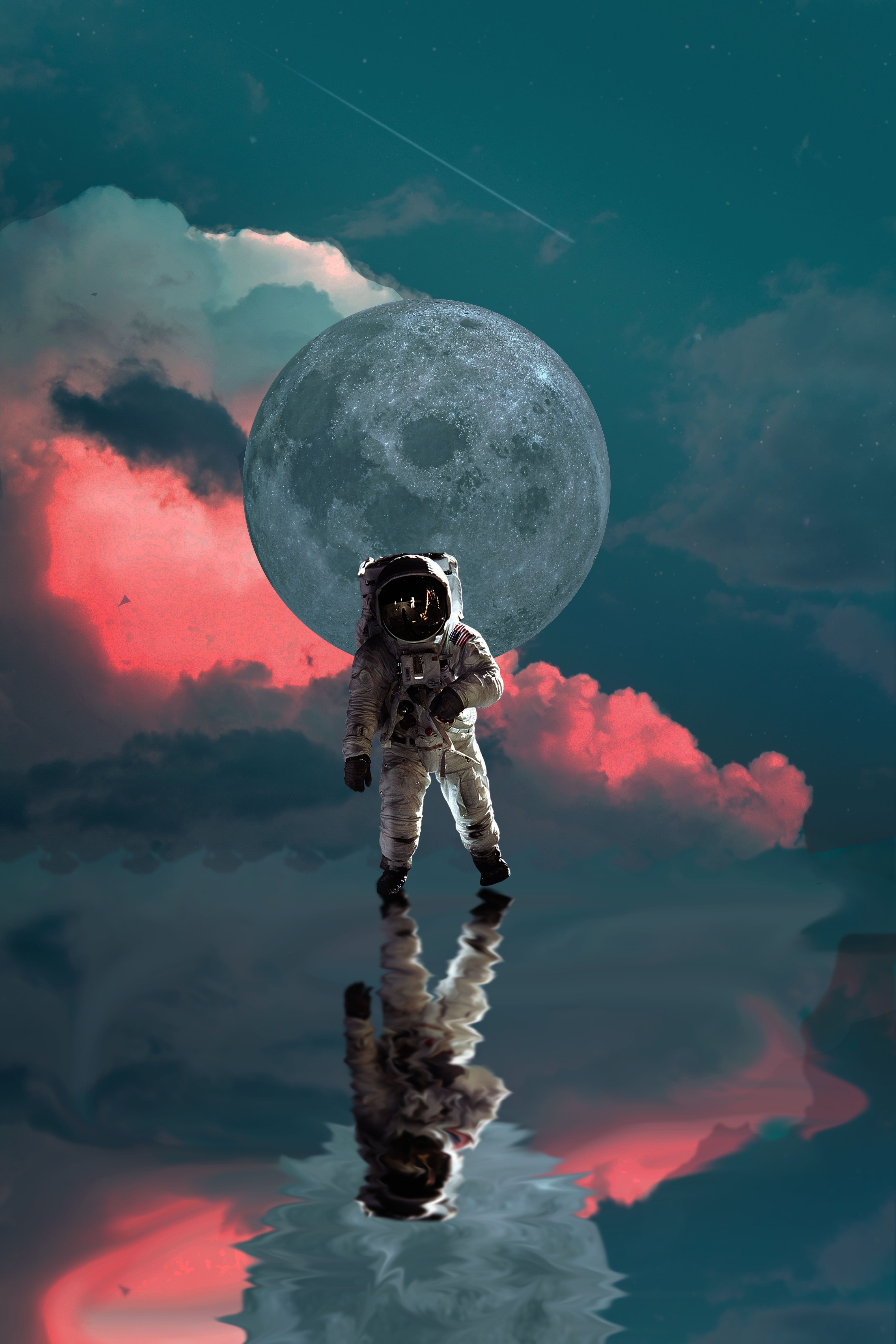 nature, cosmos, galaxy, red, water, digital composite, reflection, earth, space exploration, full length, planet, astronautics, night, space, standing, Phone HD Wallpaper