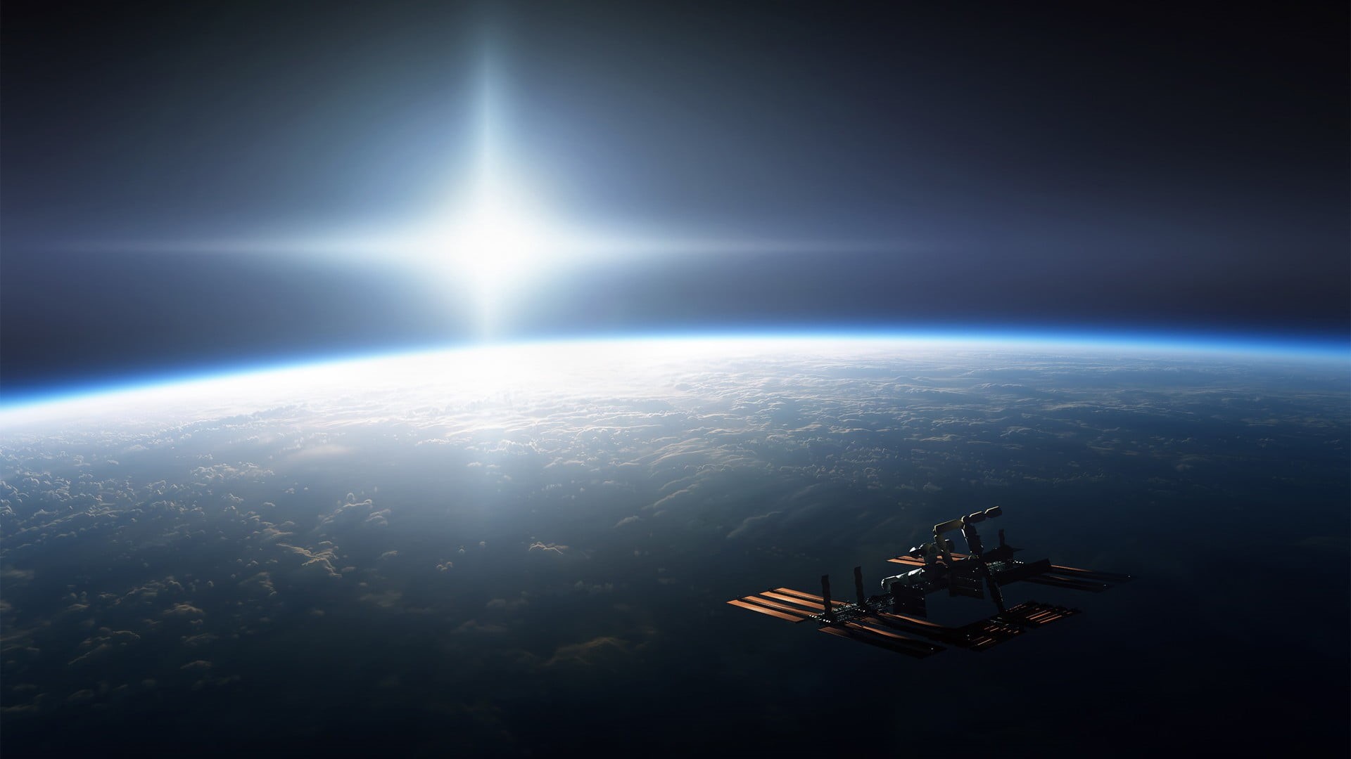 clouds, horizon, no people, environment, 1080P, universe, sky, science, Sun, futuristic, satellite, air vehicle, sunlight, planet - space, satellite view, HD Wallpaper
