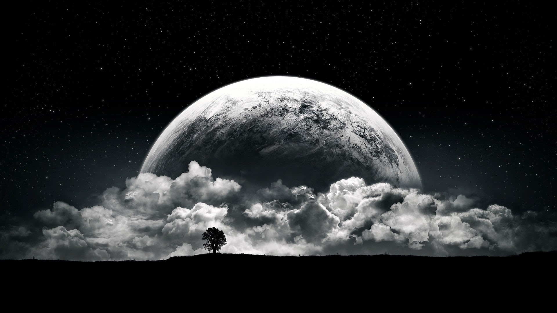 digital art, planet, surreal, trees, space art, clouds, white, night, dark, landscape, Moon, black, 1080P, stars, space, fantasy art, monochrome, HD Wallpaper