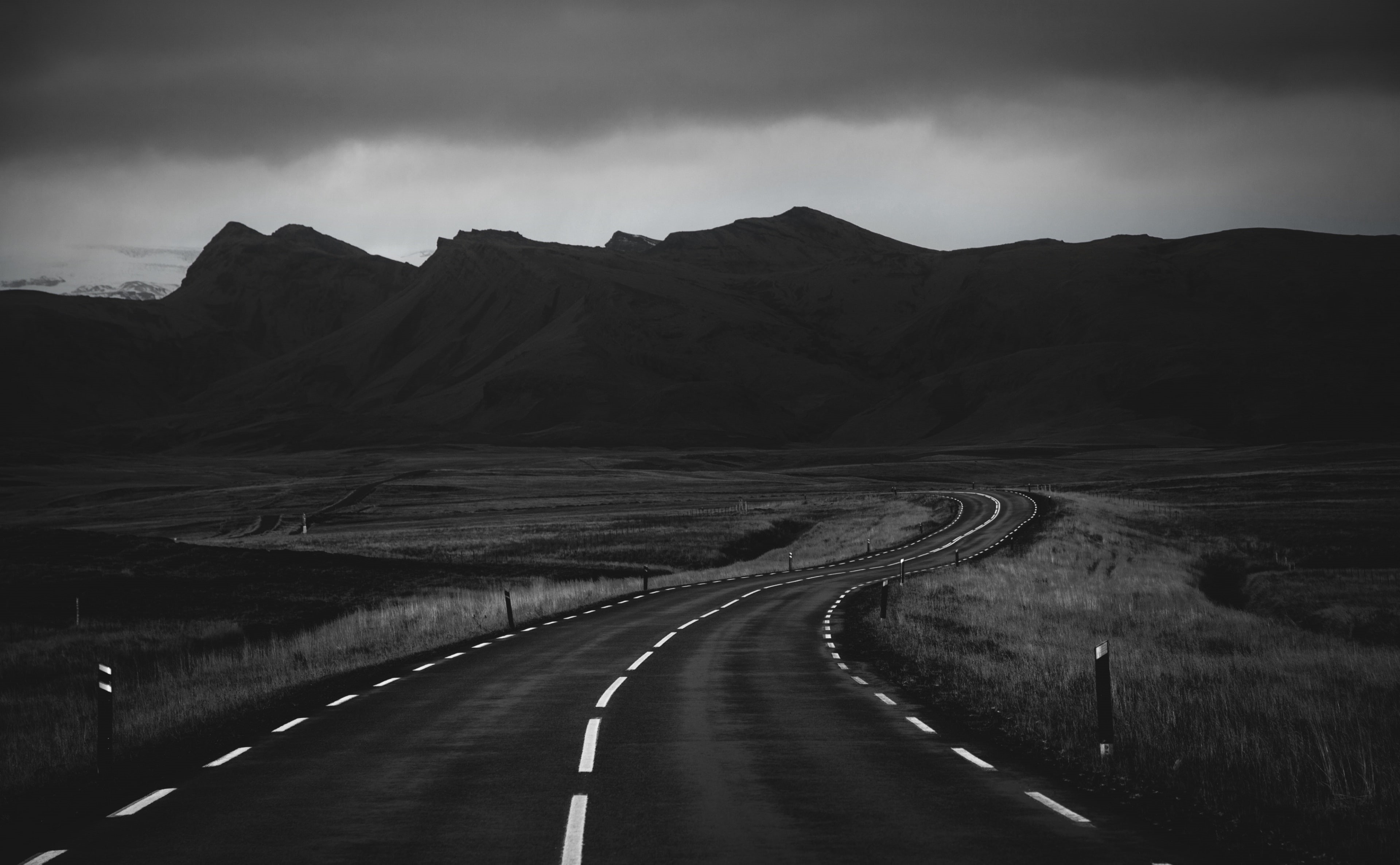 Route, tranquil scene, sky, Road, nature, Black, mountain range, transportation, direction, Europe, Travel, Overcast, blackandwhite, landscape, gray, tranquility, HD Wallpaper