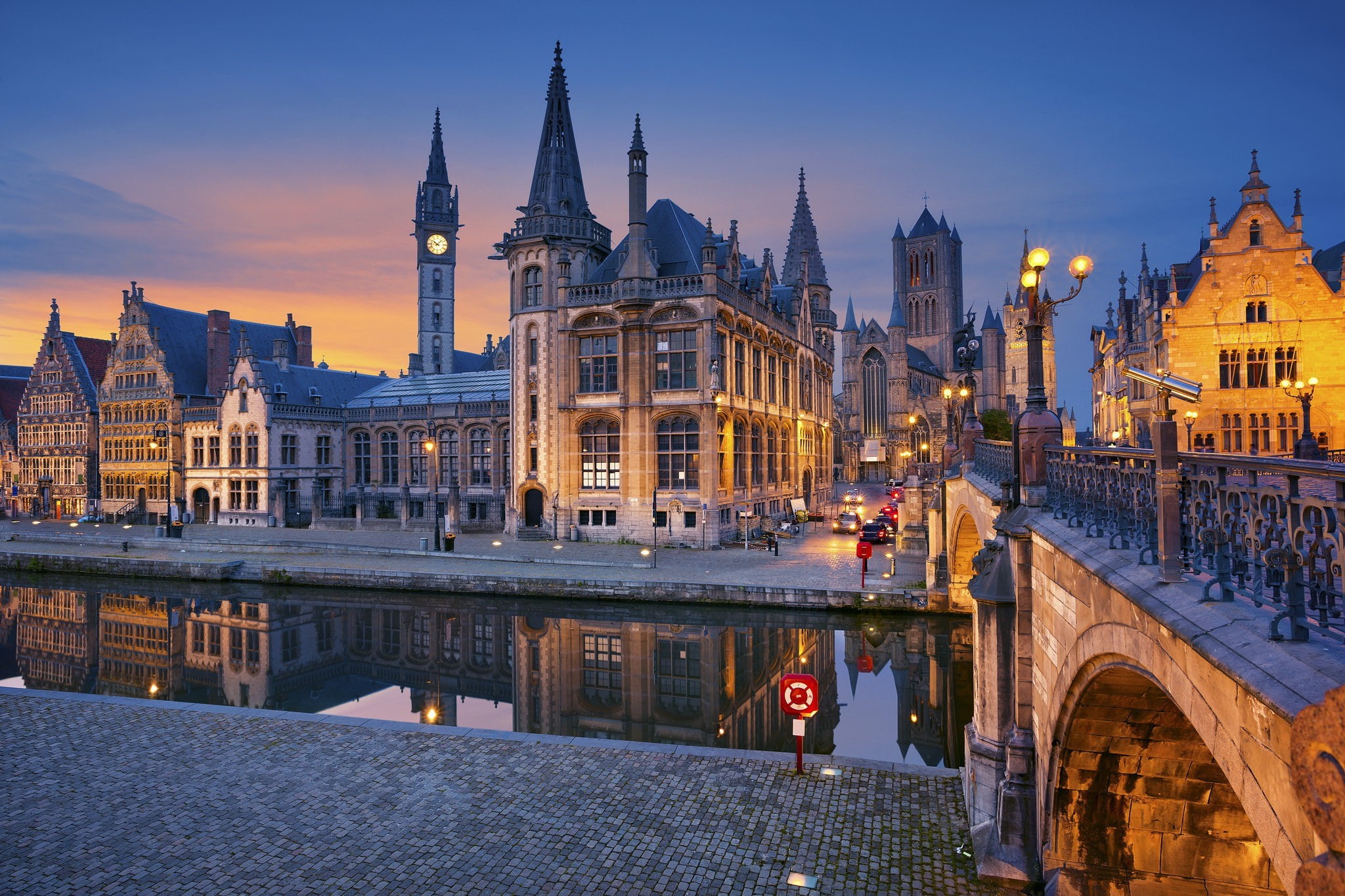 Flanders, bridge, Belgium, house, Ghent, lights, 1080P, night, river, HD Wallpaper