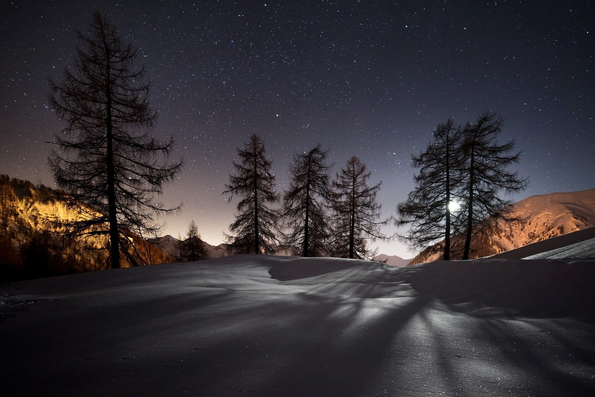 forest, constellation, 1080P, beauty In Nature, season, cold temperature, winter, sunlight, scenics, snow, blue, star - Space, plant, mountain, trees, HD Wallpaper