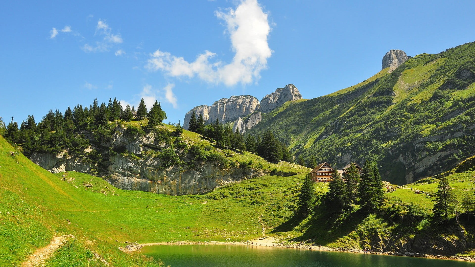 day, 1080P, mountain, clouds, non-urban scene, green color, scenics - nature, idyllic, plant, outdoors, land, lake, tranquility, grass, mountains, sky, HD Wallpaper