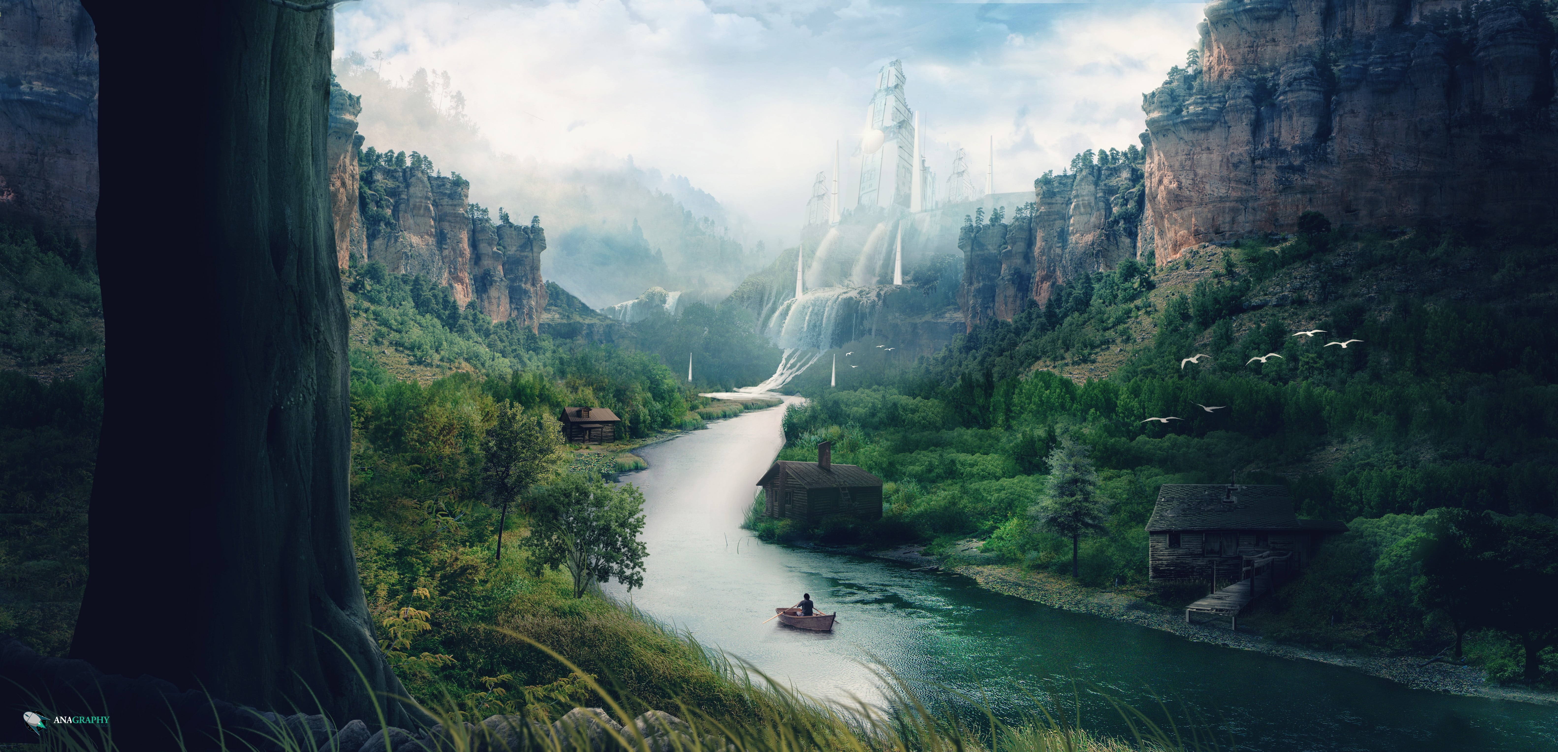 land, day, 5K, boat, plant, flowing water, travel, rock formation, cloud - sky, formation, nautical vessel, scenics - nature, tree, trees, motion, stream, HD Wallpaper