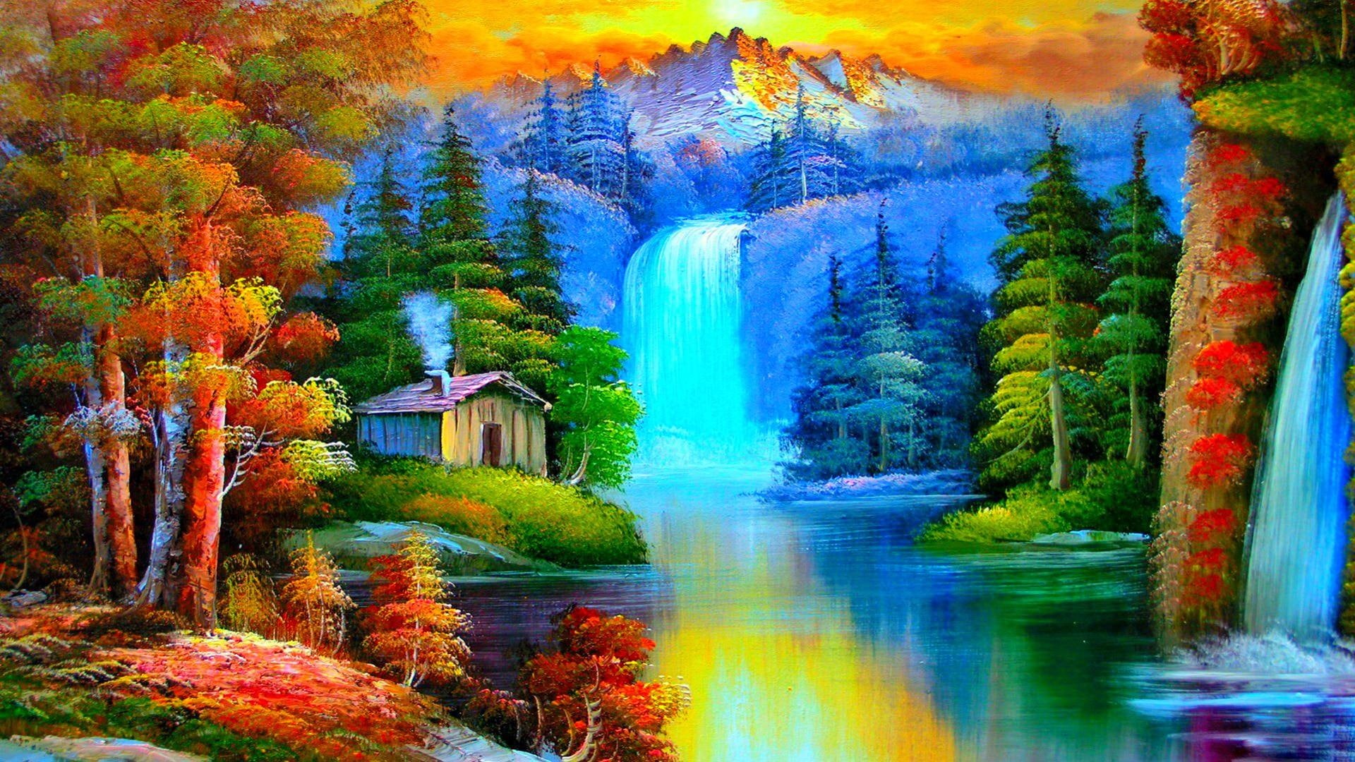 house, near, leaves, waterfalls, woods, river, beautiful, 1080P, forest, waterfall, mountain, trees, cabin, painting, nature, HD Wallpaper