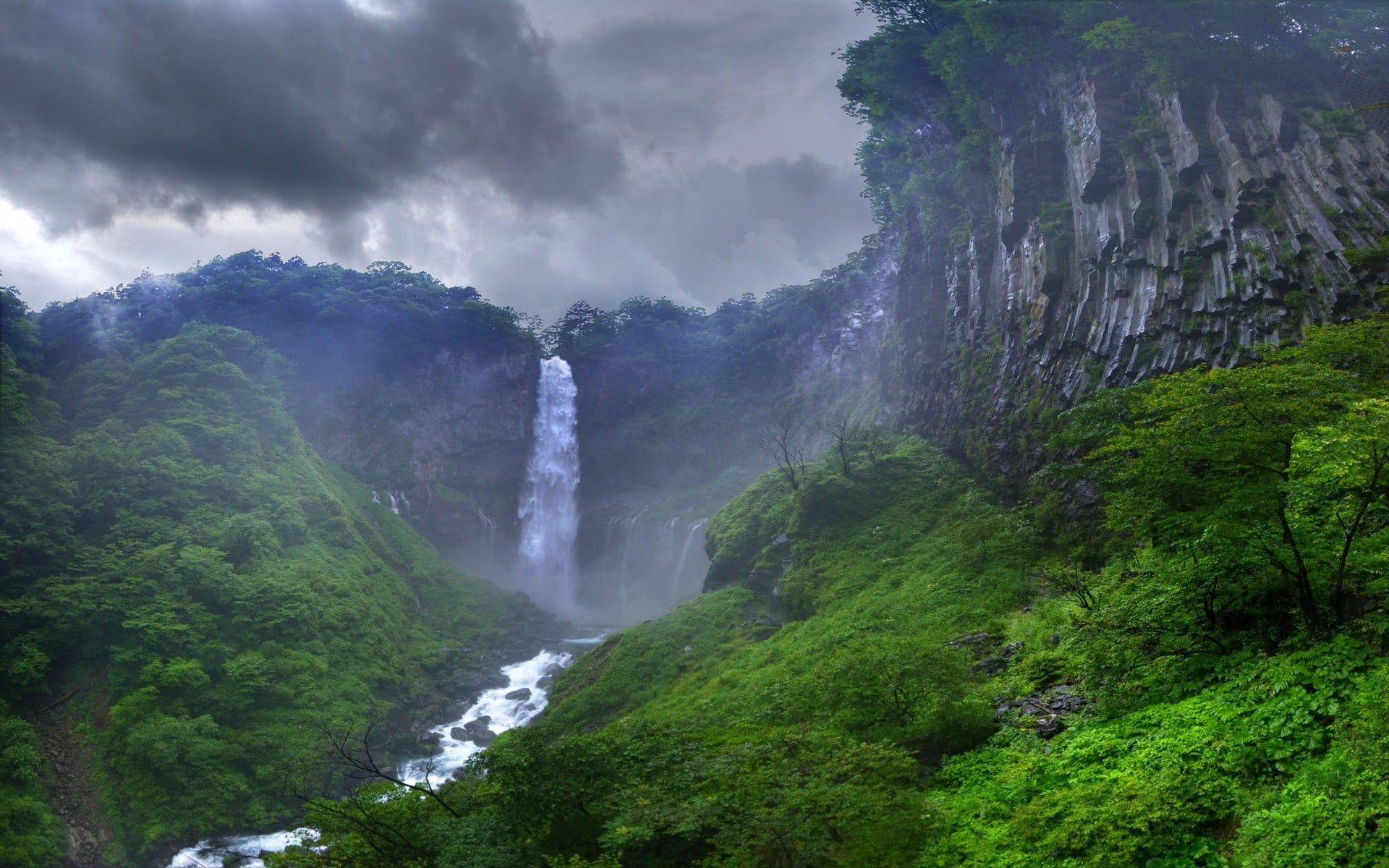 forest, solid, Japan, landscape, 1080P, rock, motion, plant, green, tree, flowing, outdoors, environment, non-urban scene, cloud - sky, falling water, HD Wallpaper
