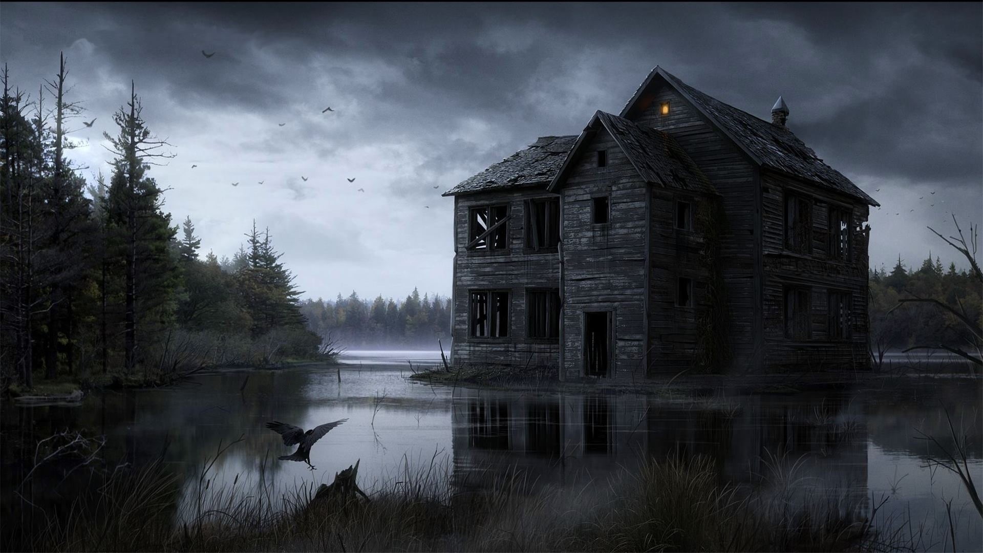 tree, ruin, reflection, lake, 1080P, nature, building, architecture, animal themes, plant, sky, forest, fantasy art, storey, cloud - sky, building exterior, HD Wallpaper
