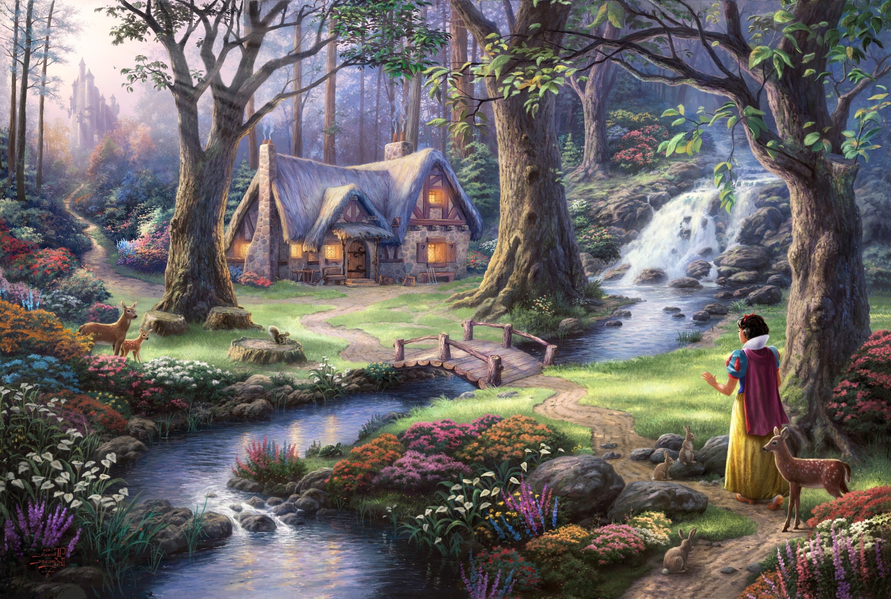 Fairies, path, painting, animals, Sun Rays, waterfall, Thomas Kinkade, 2K, bridge, Deer, forest, rabbits, house, artwork, fantasy Art, Snow White, Stream, HD Wallpaper