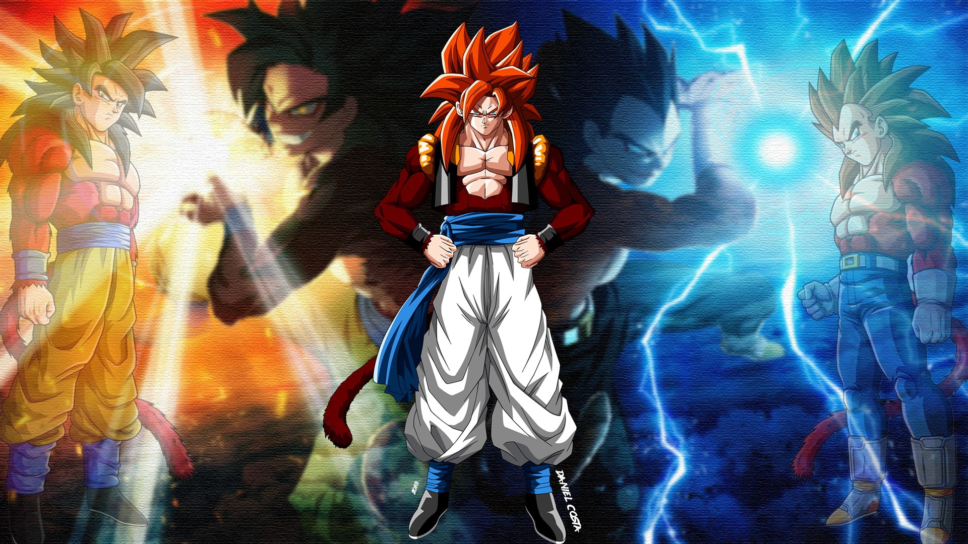 standing, human representation, arts culture and entertainment, 1080P, Son Goku, Gogeta, adult, creativity, indoors, art and craft, front view, Dragon Ball GT, HD Wallpaper