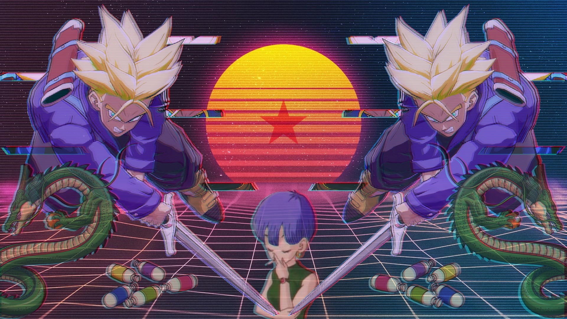 nature, flower, Trunks (character), pattern, men, Dragon Ball Super, purple, leisure activity, illuminated, Bulma, decoration, real people, indoors, vaporwave, HD Wallpaper