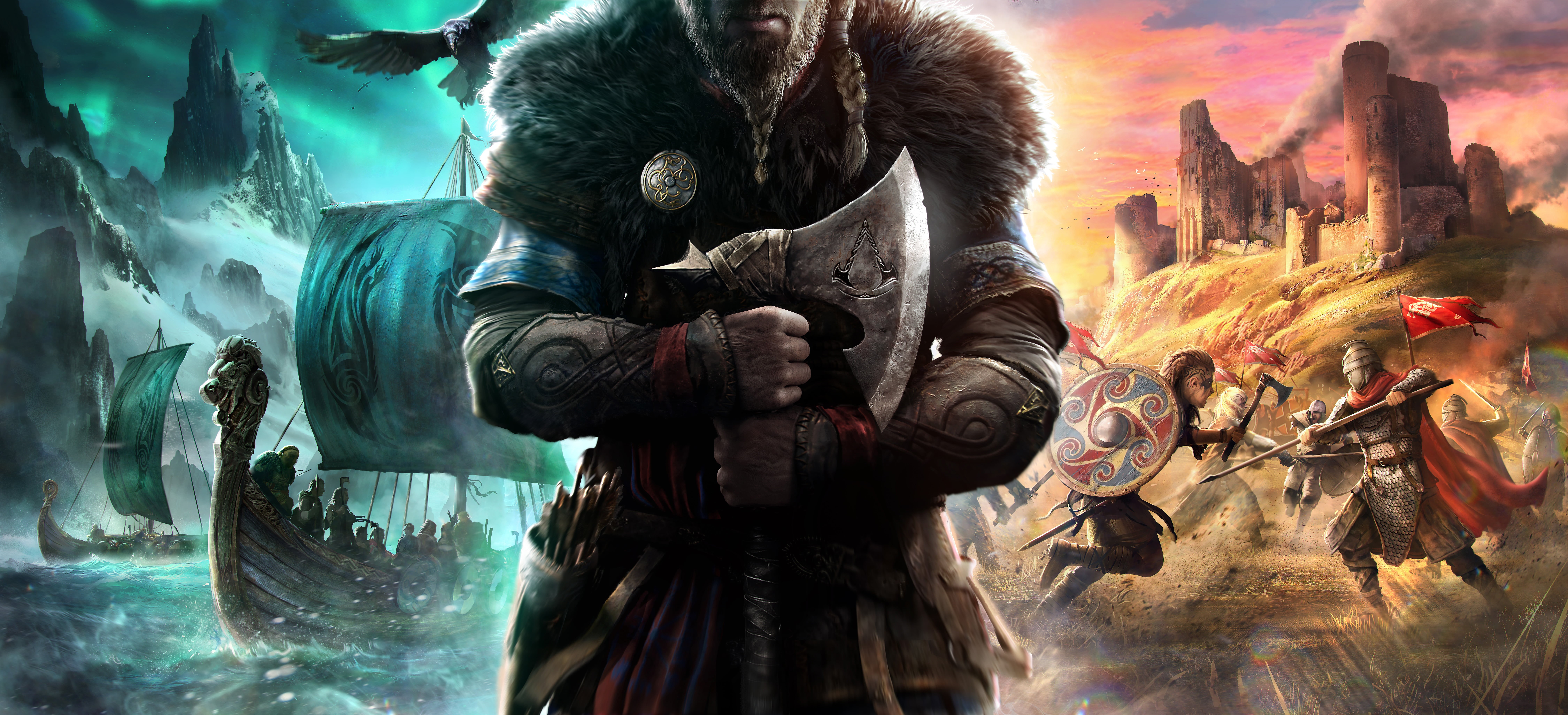 raven, digital art, Assassins Creed: Valhalla, sword, viking, ultra-wide, shield, video games, Axe, armor, boat, 8K, ultrawide, game art, HD Wallpaper