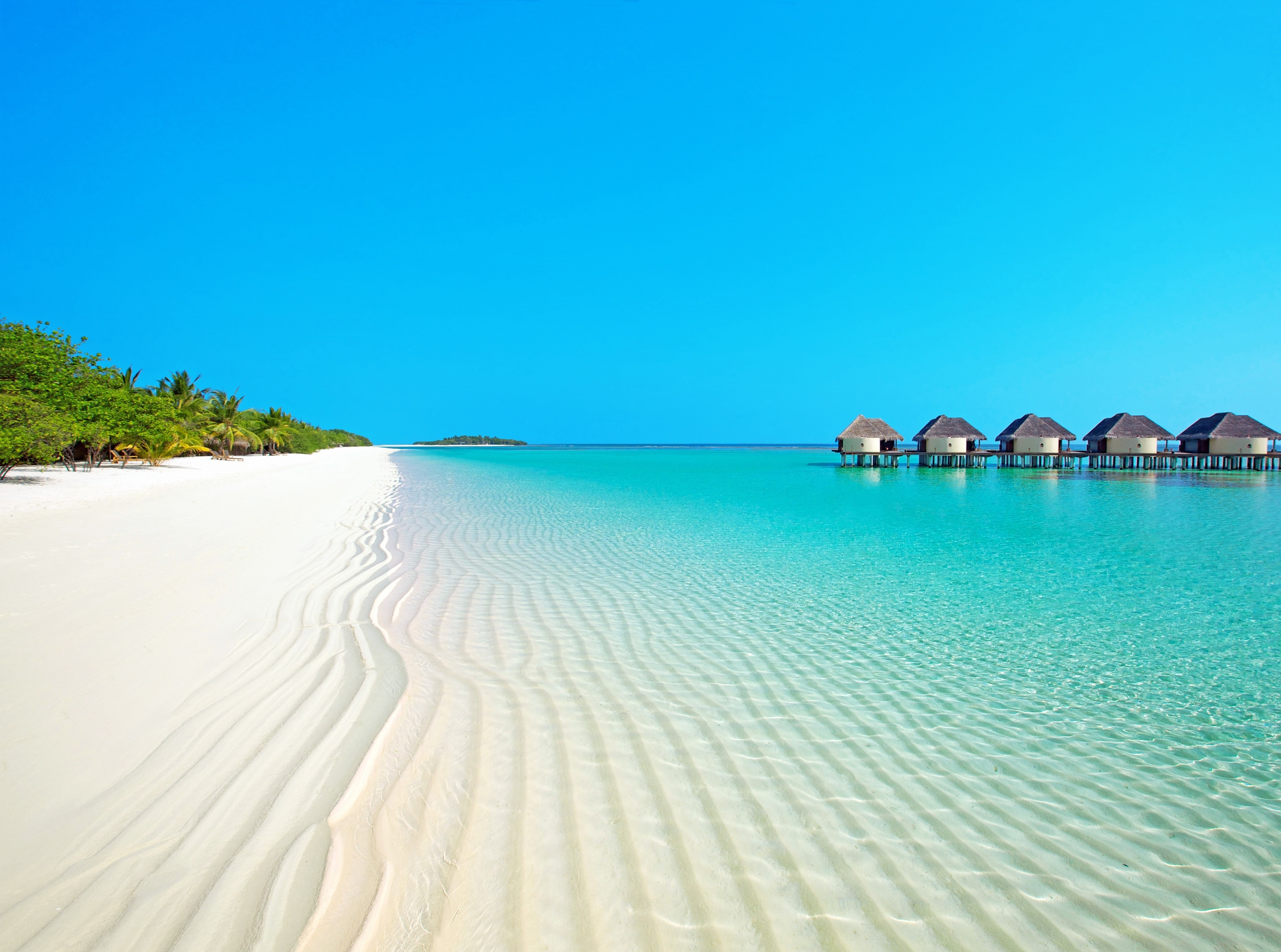 Tropical, Dream, lagoon, Sand, beach, outdoors, Bungalow, sea, travel destinations, blue, palm trees, architecture, Exotic, land, tranquility, sky, clear sky, HD Wallpaper