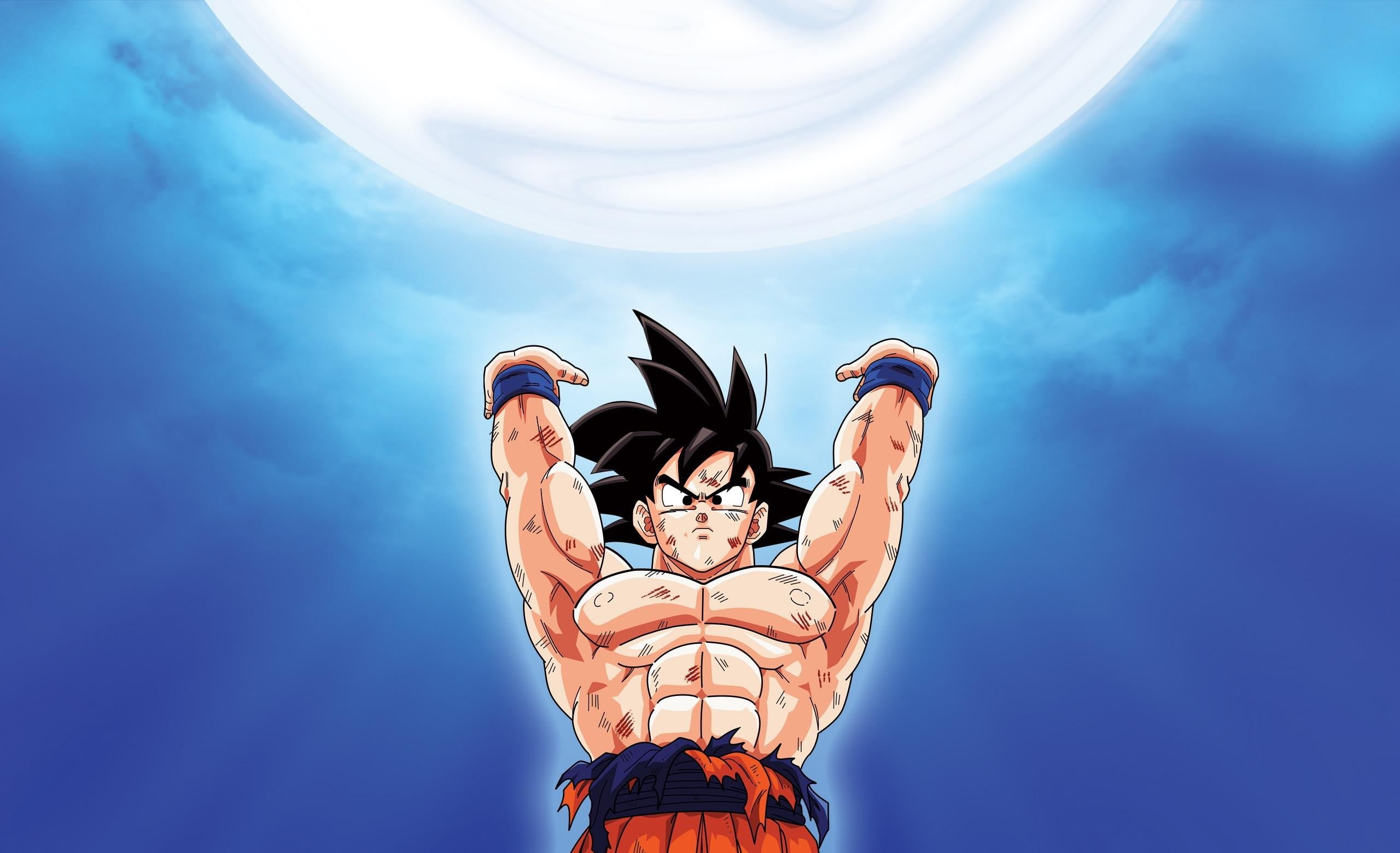 real people, illustration, Son Goku, sky, low angle view, Dragon Ball Z, outdoors, human arm, people, art and craft, sculpture, arms raised, cloud - sky, HD Wallpaper