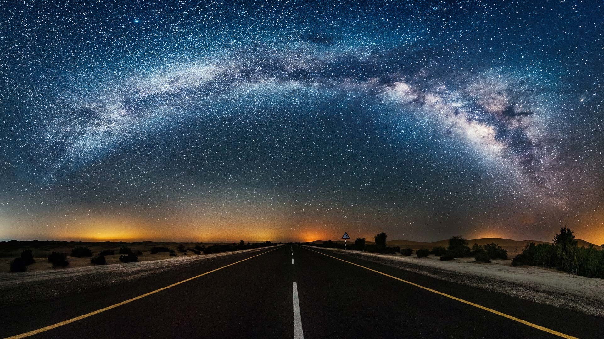 blue, night, scenics, constellation, dark, scenics - nature, star - Space, sky, night sky, nature, space, vanishing point, 1080P, highway, way, landscape, HD Wallpaper