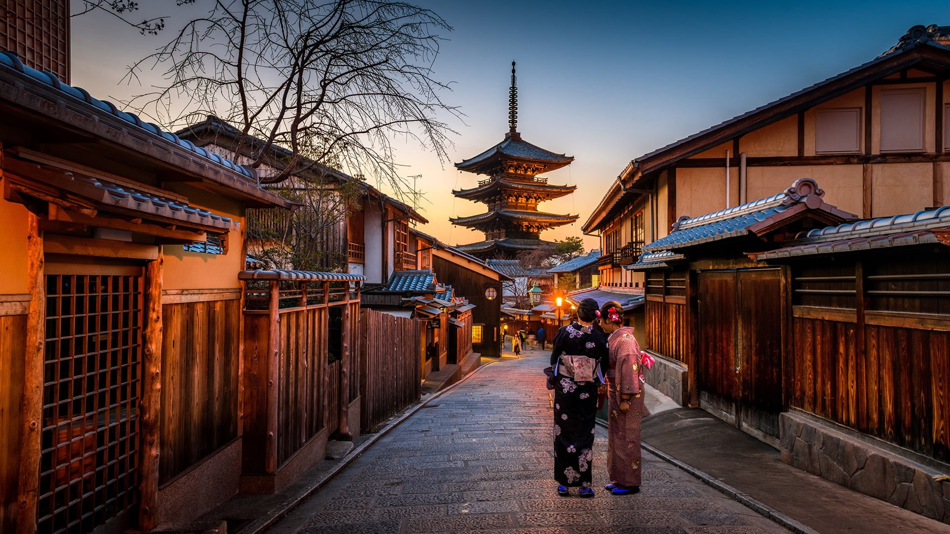 black, building, clothing, one person, s, kimono, women, Japan, built structure, Japanese kimono, 1080P, adult, city, leisure activity, history, pagoda, HD Wallpaper