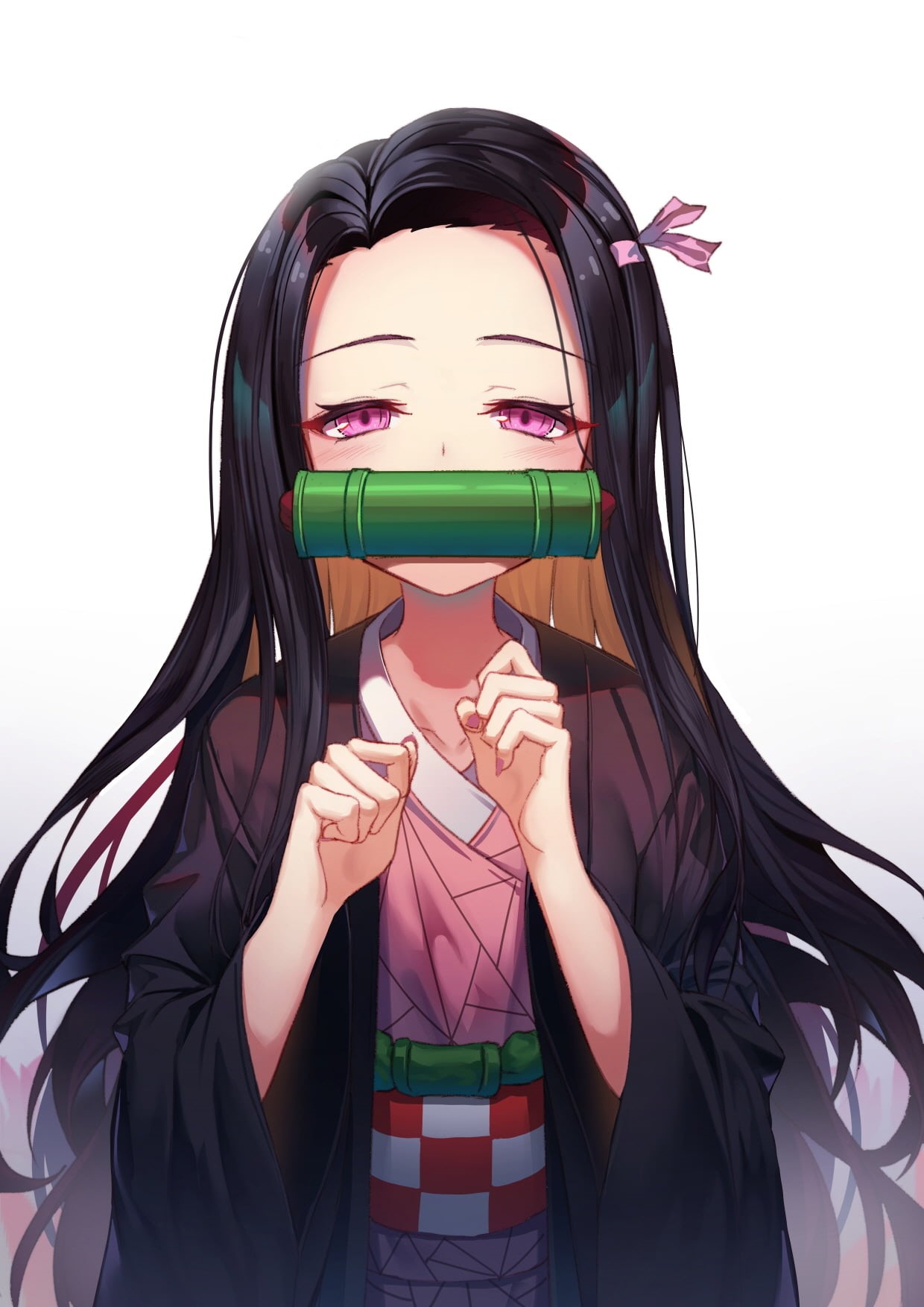 anime girls, simple background, kimono, Kamado Nezuko, anime, artwork, black hair, 720P, digital art, Kimetsu no Yaiba, vertical, blue eyes, Japanese kimono, Phone HD Wallpaper