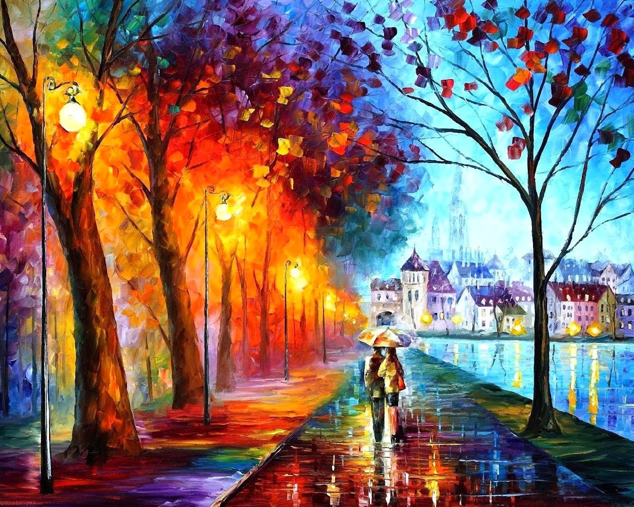 street light, nature, water, cityscape, fall, urban Scene, building exterior, change, rear view, built structure, autumn, city, couple, architecture, umbrella, HD Wallpaper
