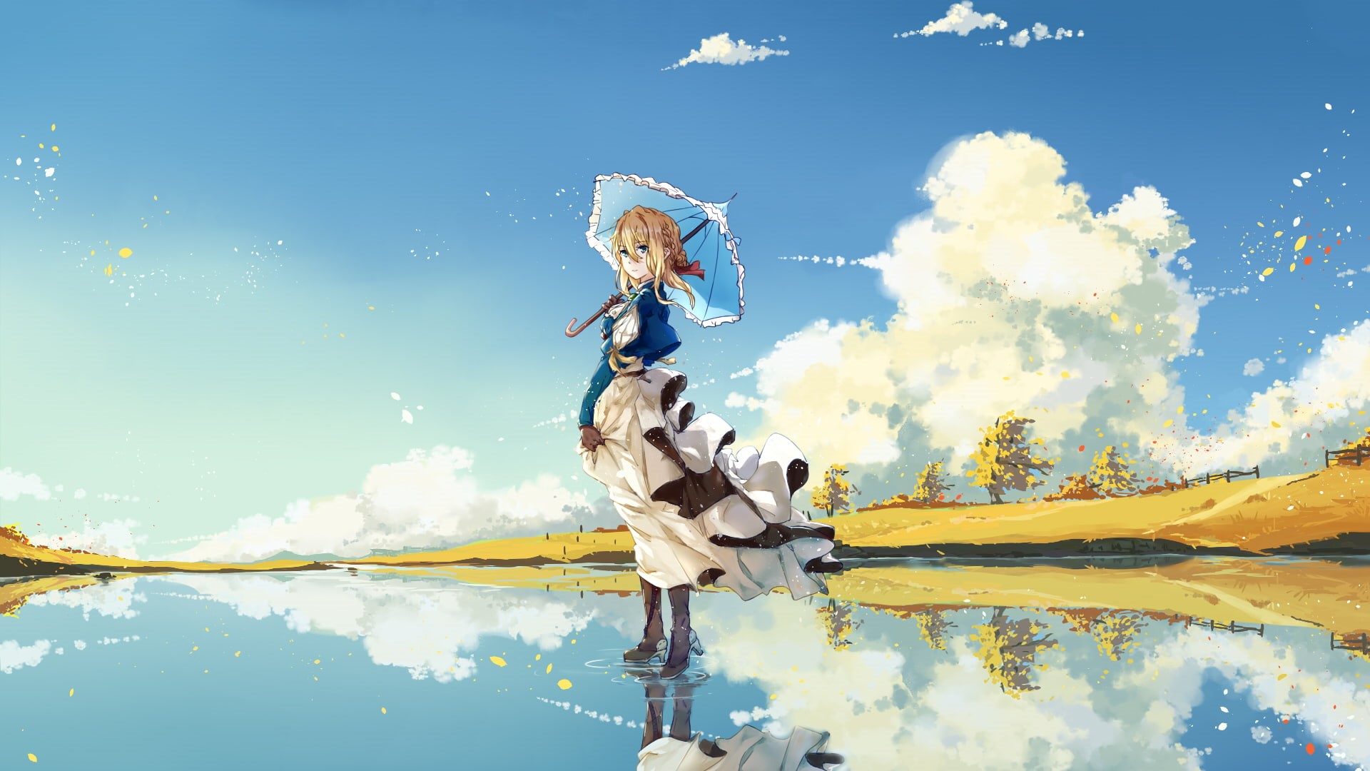 blonde, anime girls, long hair, 1080P, clouds, umbrella, Violet Evergarden, HD Wallpaper