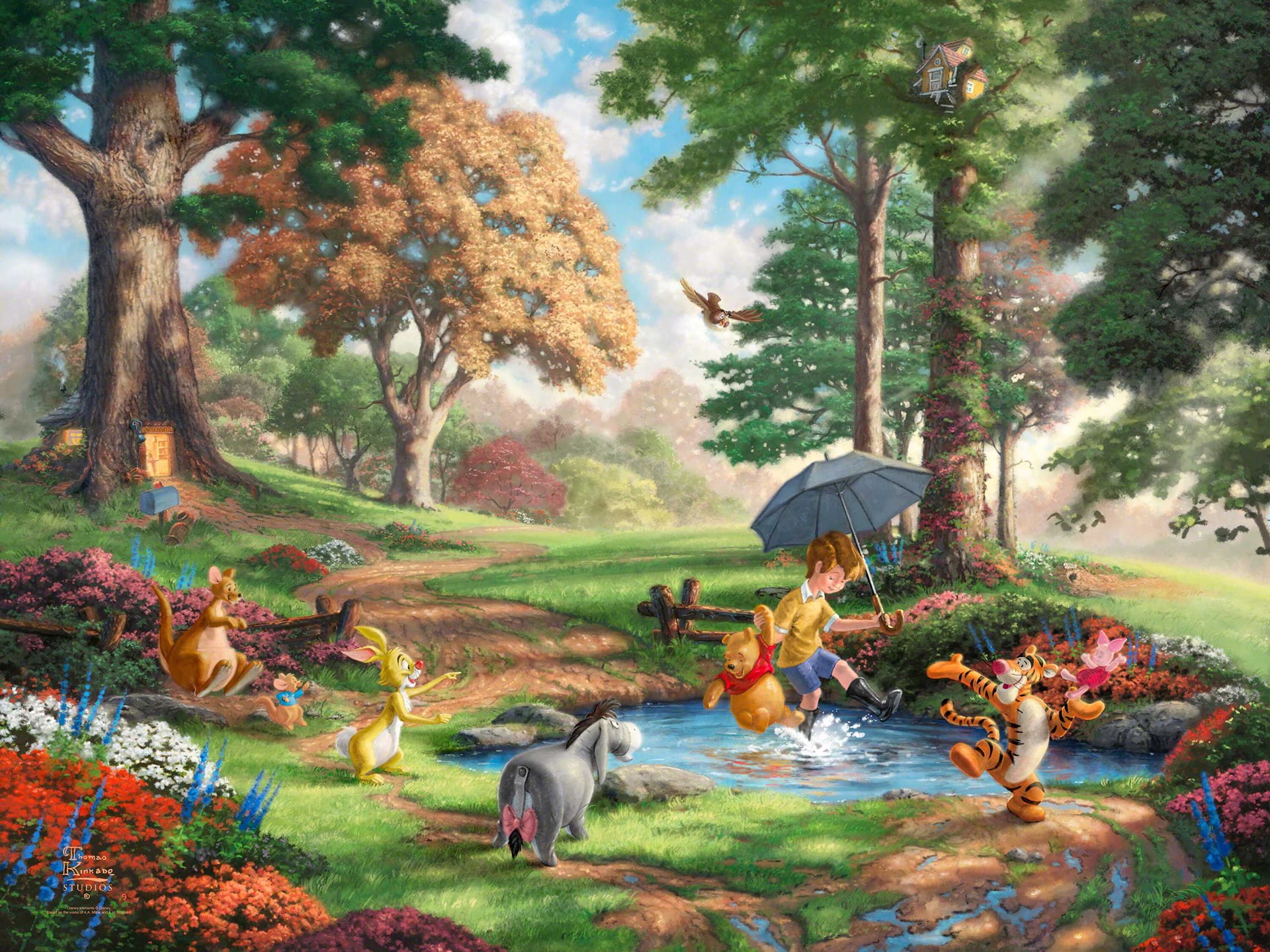digital/artwork, 1080P, trees, pooh, drawing, hd, umbrella, the, winnie, HD Wallpaper